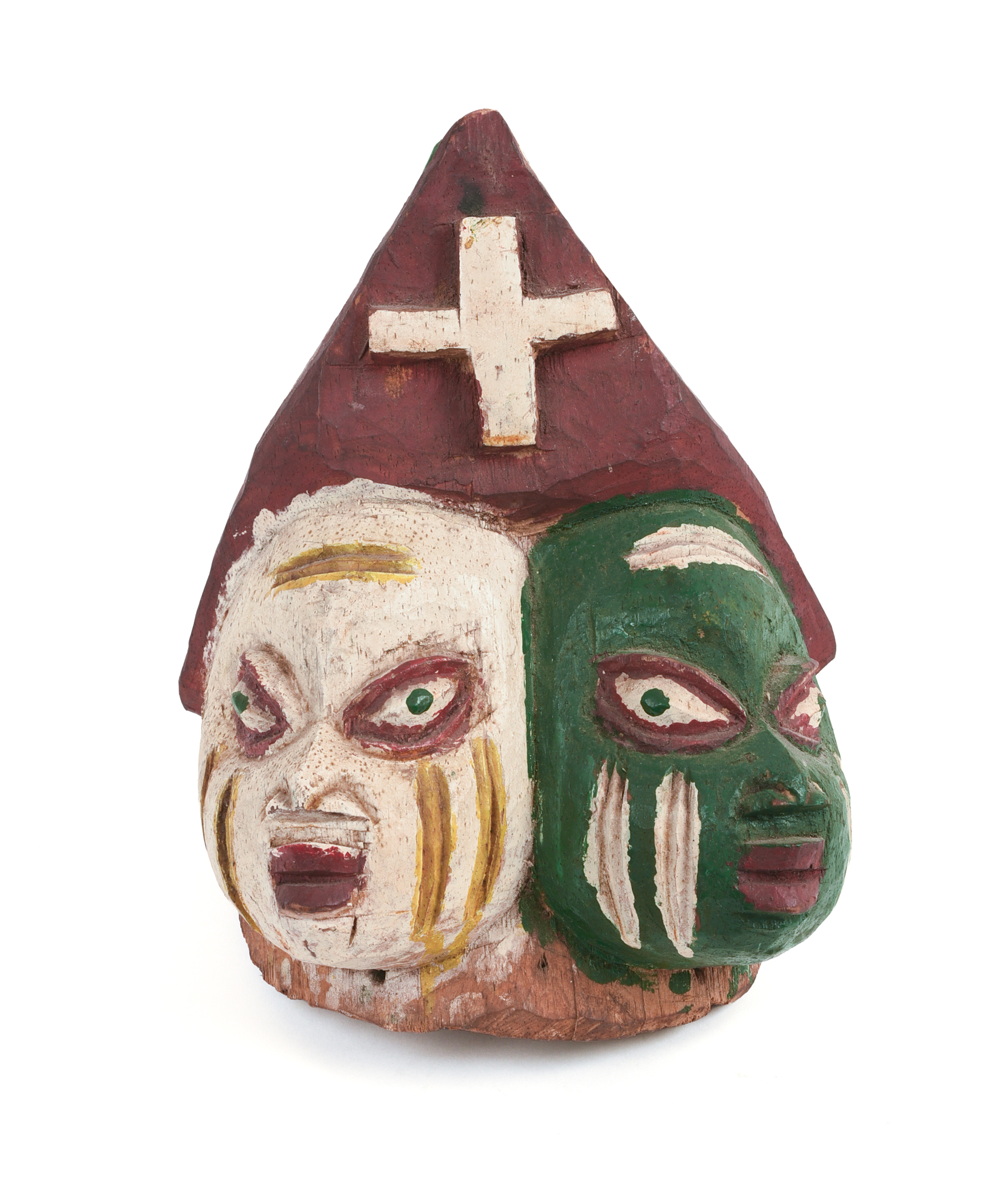African Carved Mask With Two Faces and Cross