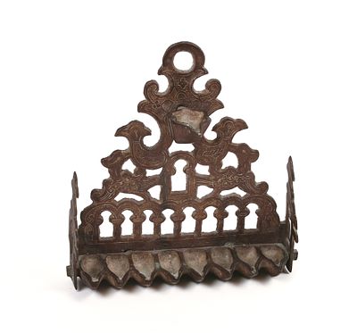 Antique Jewish Bronze Menorah. 19th c. or earlier. 7.5 x 7 x 2 inches.
