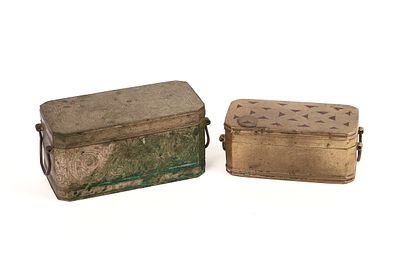 Two Asian Bronze Betel Nut Boxes. Larger 6.5 x 3 x 3 inches.