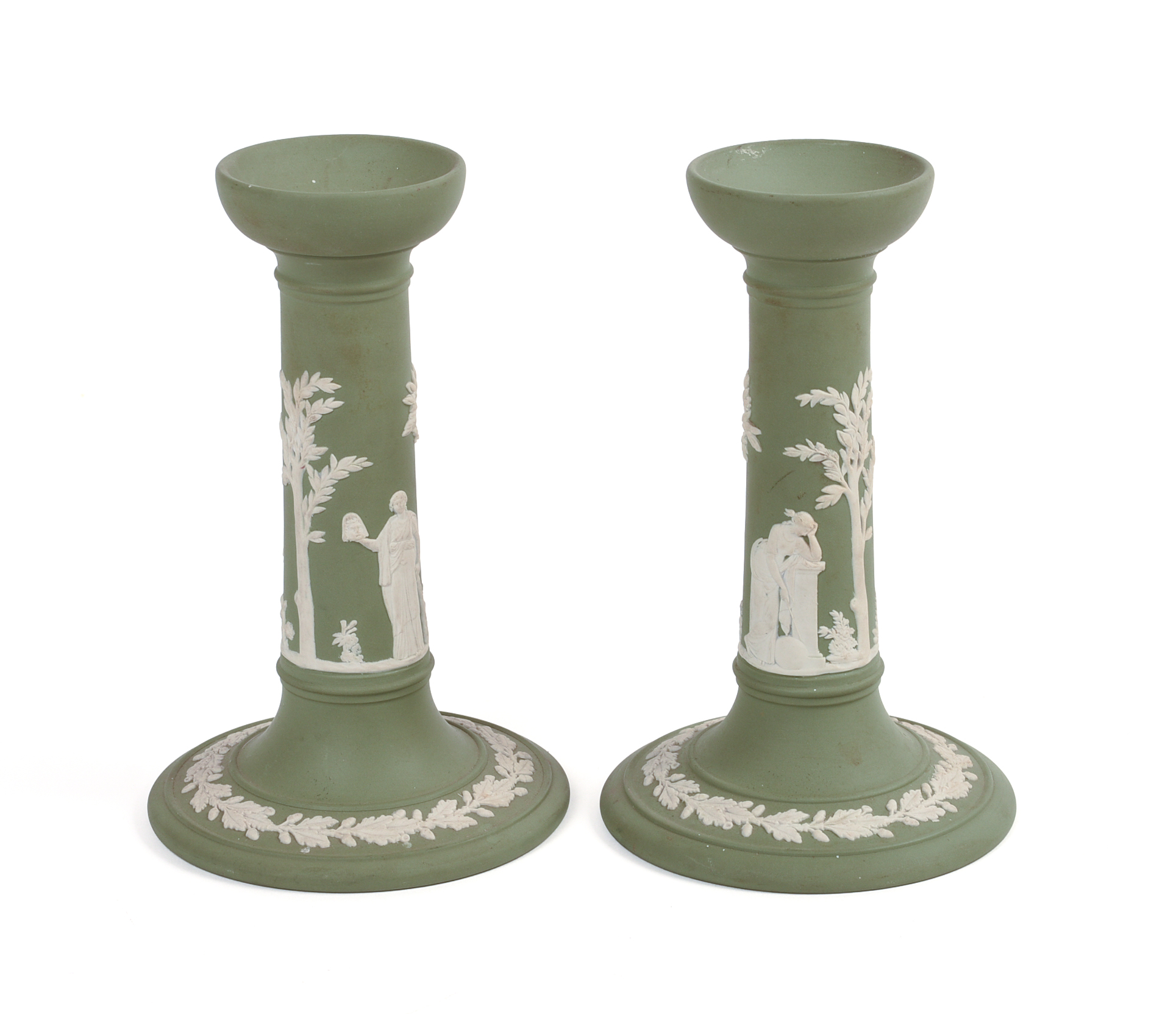 Pair of Wedgwood Green Jasperware Candle Sticks