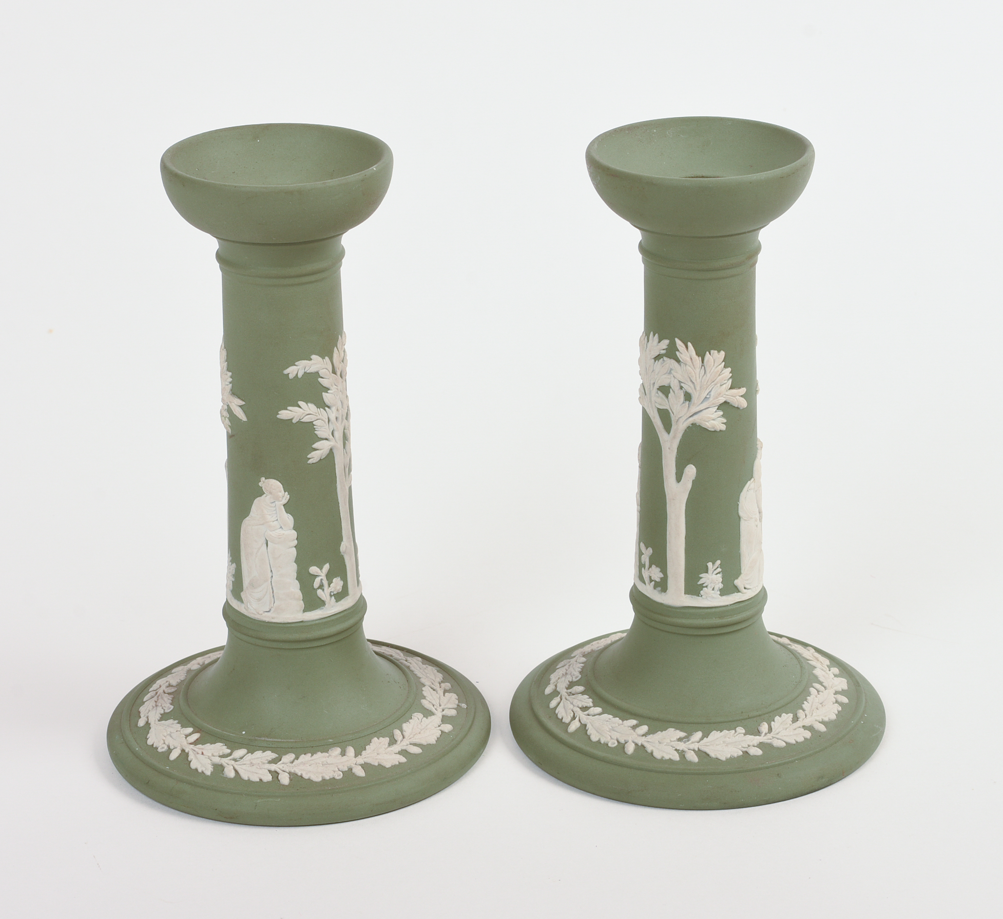 Pair of Wedgwood Green Jasperware Candle Sticks