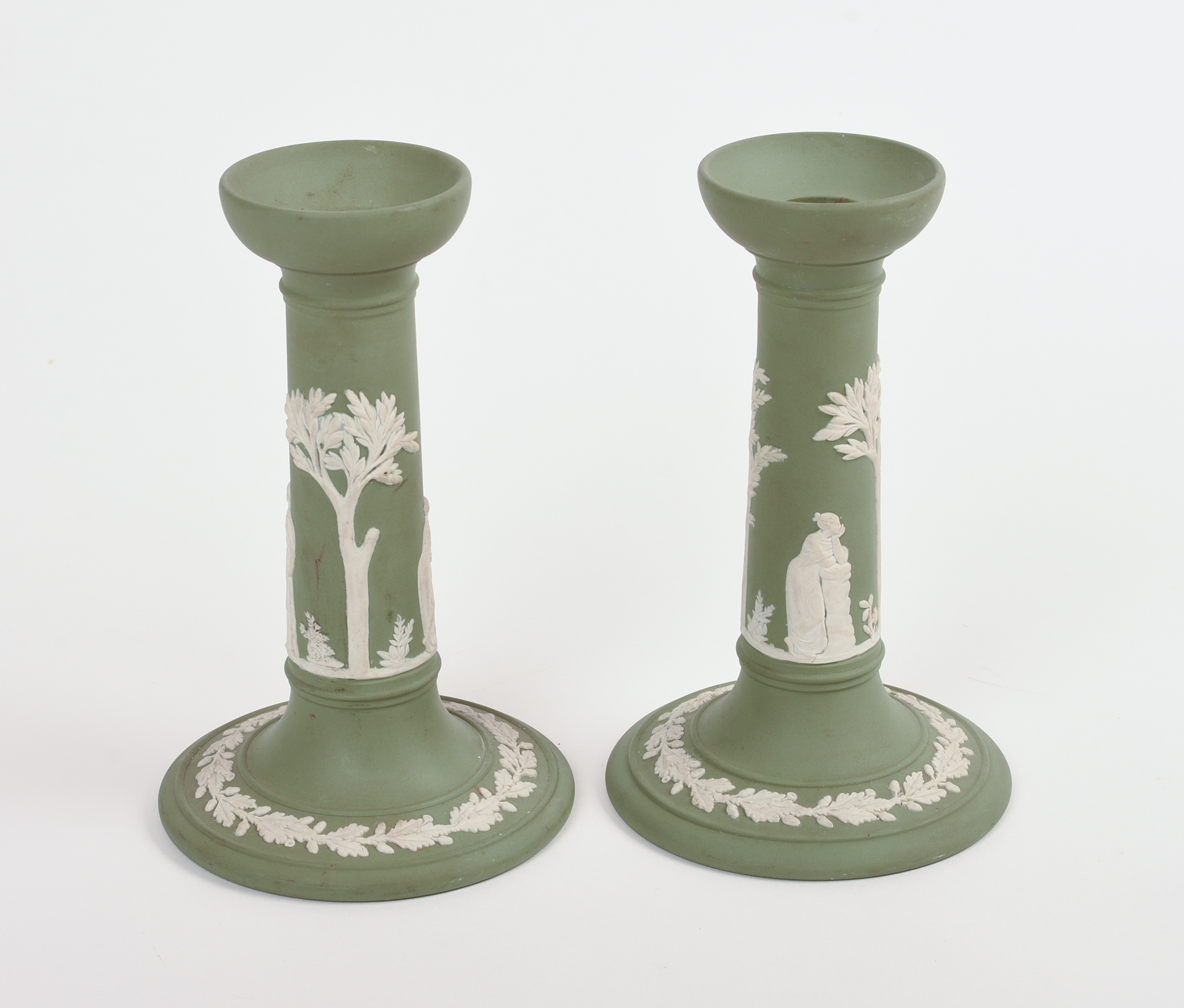 Pair of Wedgwood Green Jasperware Candle Sticks