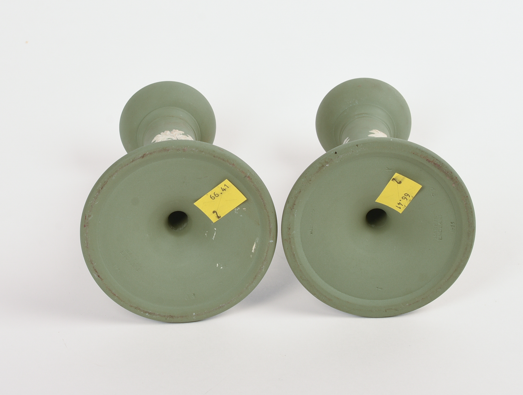 Pair of Wedgwood Green Jasperware Candle Sticks