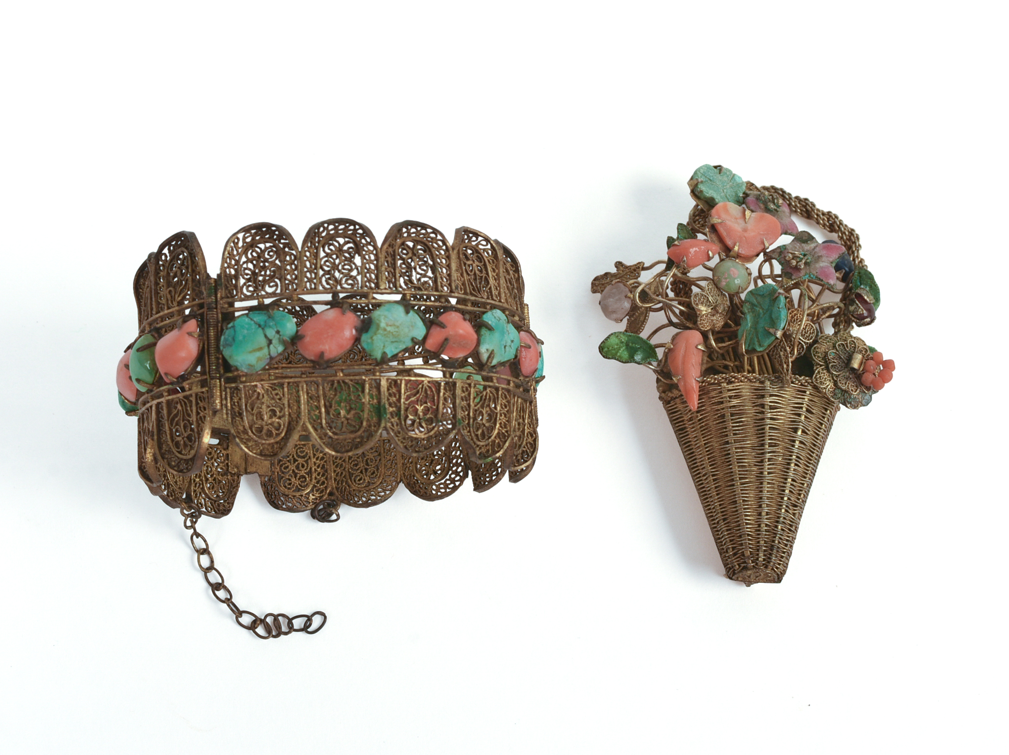 Two Pieces of Chinese Gilt Metal and Hardstone Jewelry