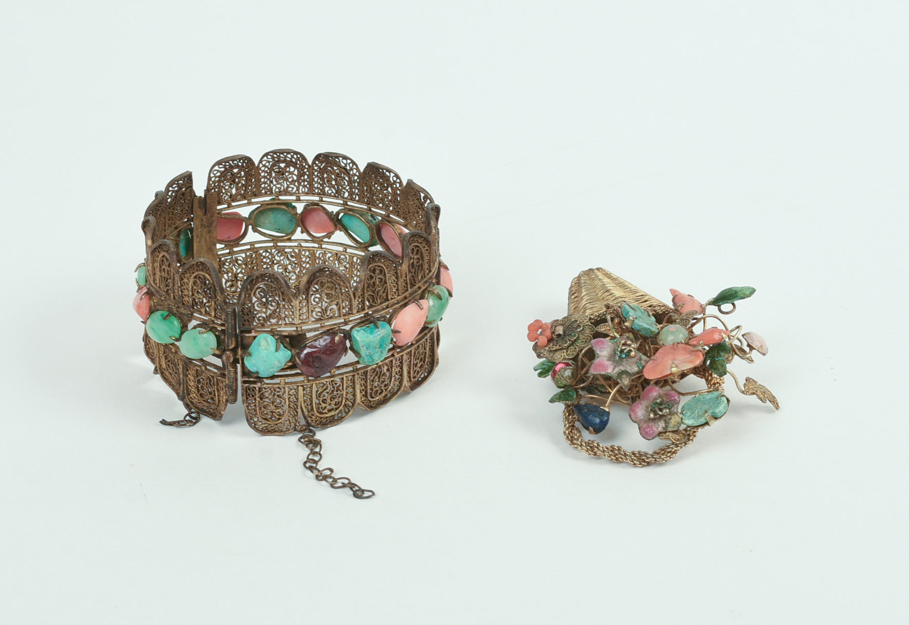 Two Pieces of Chinese Gilt Metal and Hardstone Jewelry