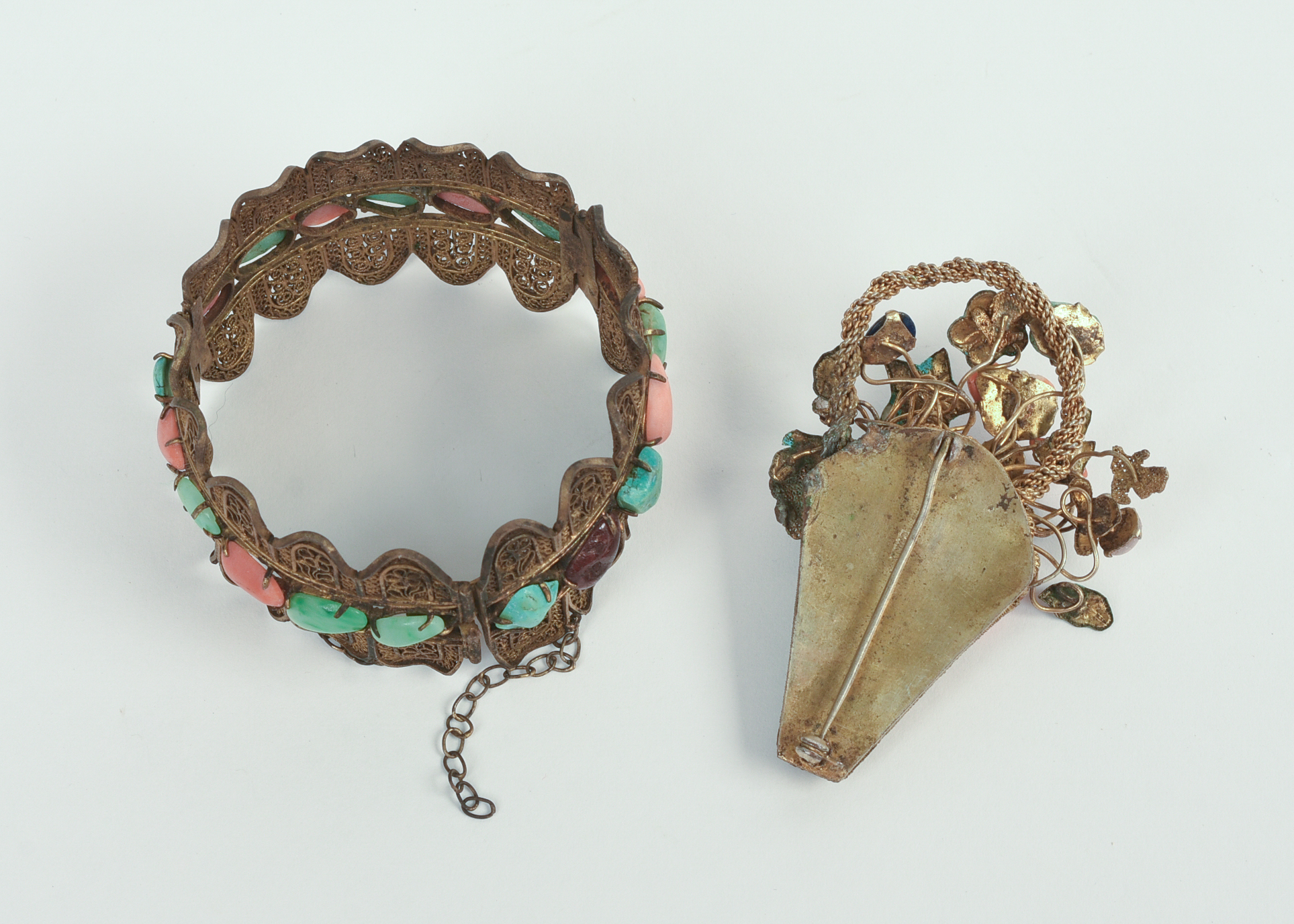 Two Pieces of Chinese Gilt Metal and Hardstone Jewelry