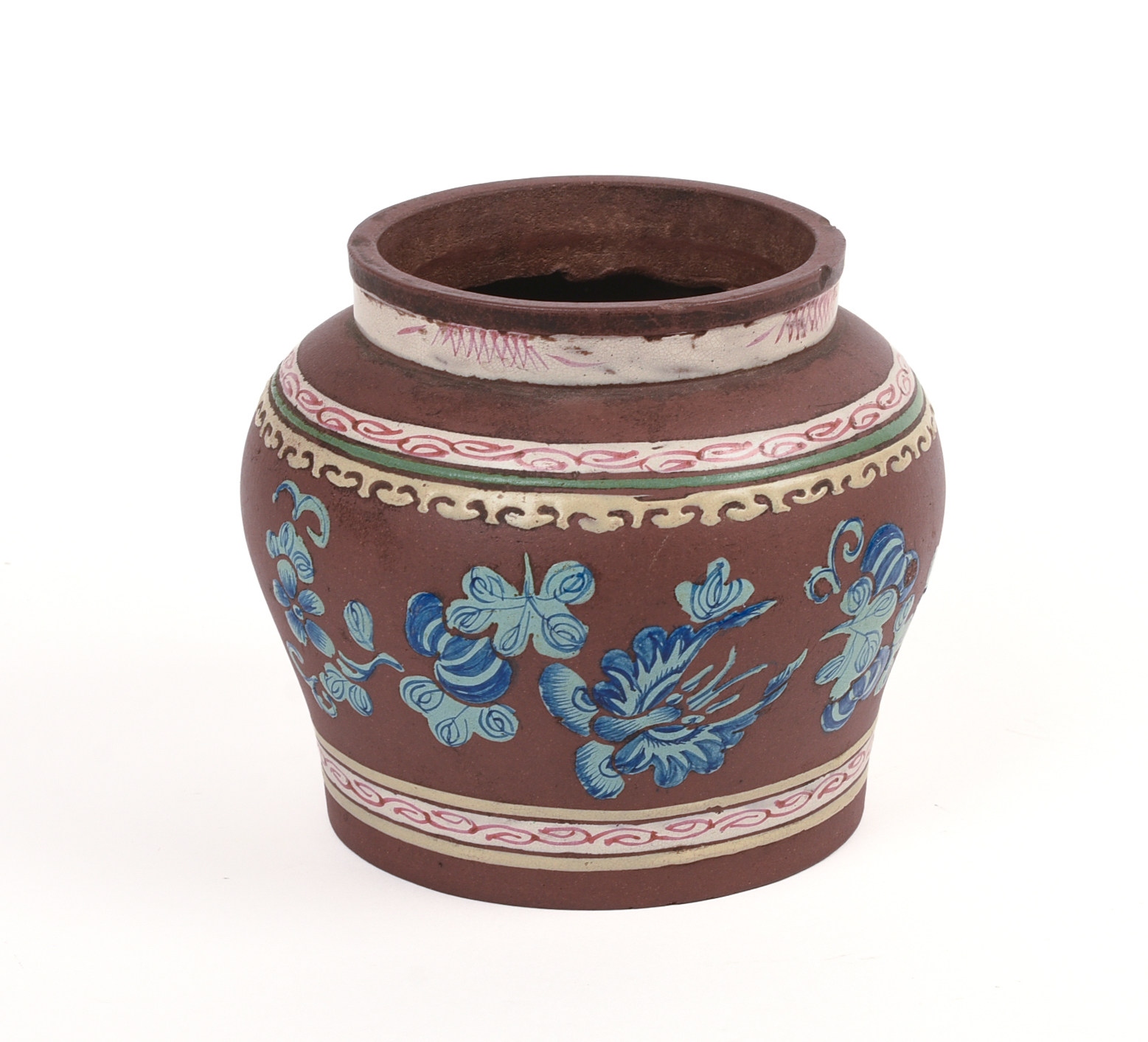 Unusual Chinese Enamel Decorated Yixing Pottery Jar