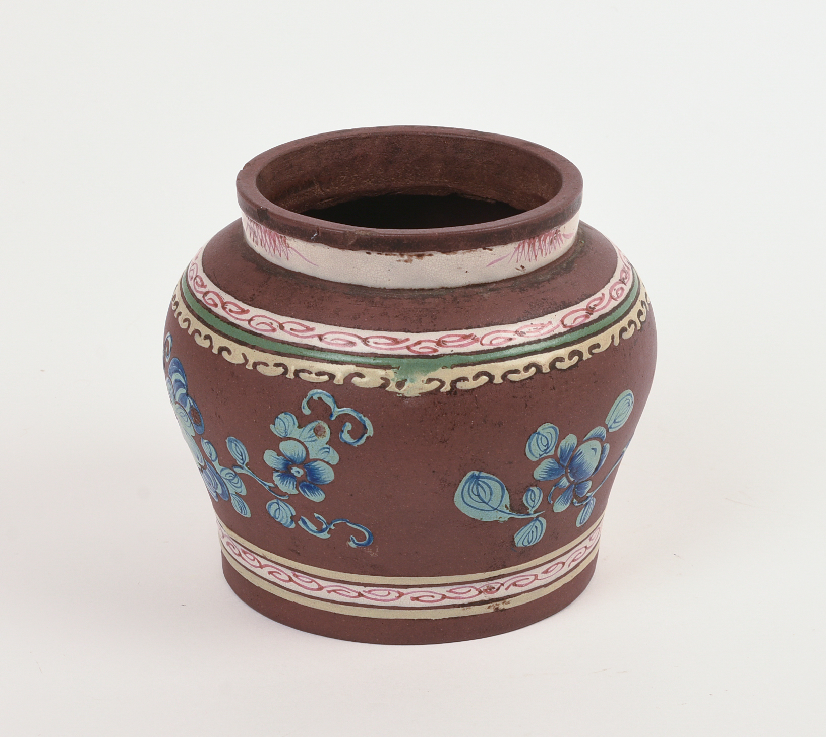 Unusual Chinese Enamel Decorated Yixing Pottery Jar