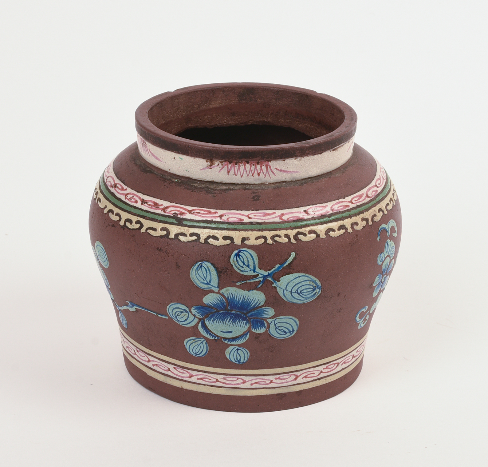 Unusual Chinese Enamel Decorated Yixing Pottery Jar