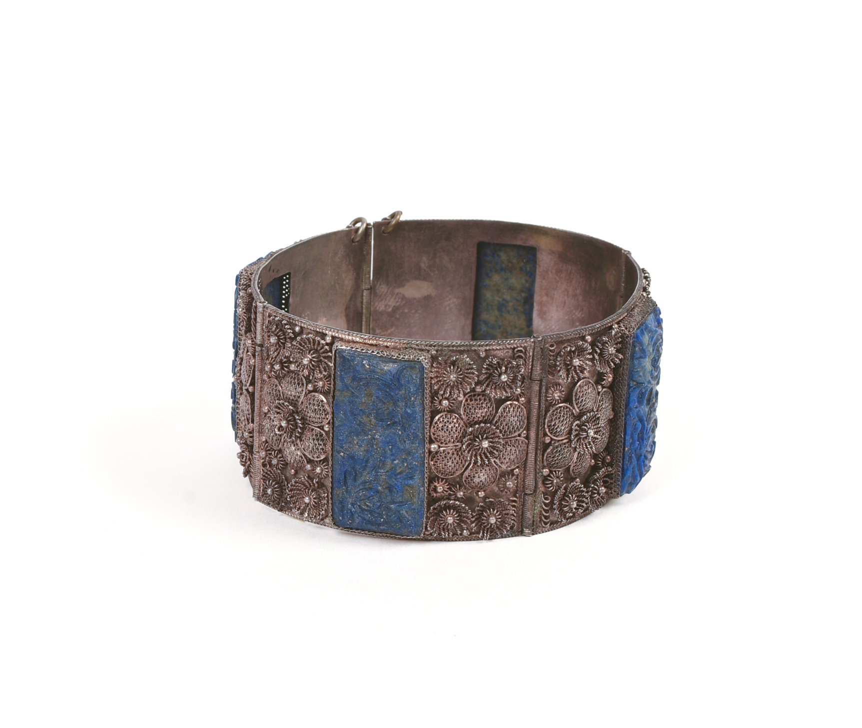 Chinese Carved Lapis or Sodalite and Silver Filigree Bracelet