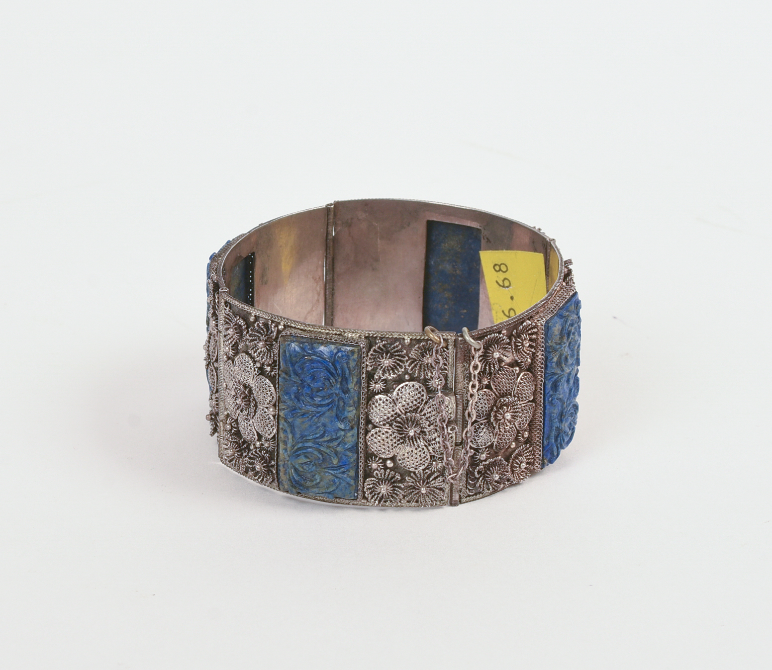 Chinese Carved Lapis or Sodalite and Silver Filigree Bracelet