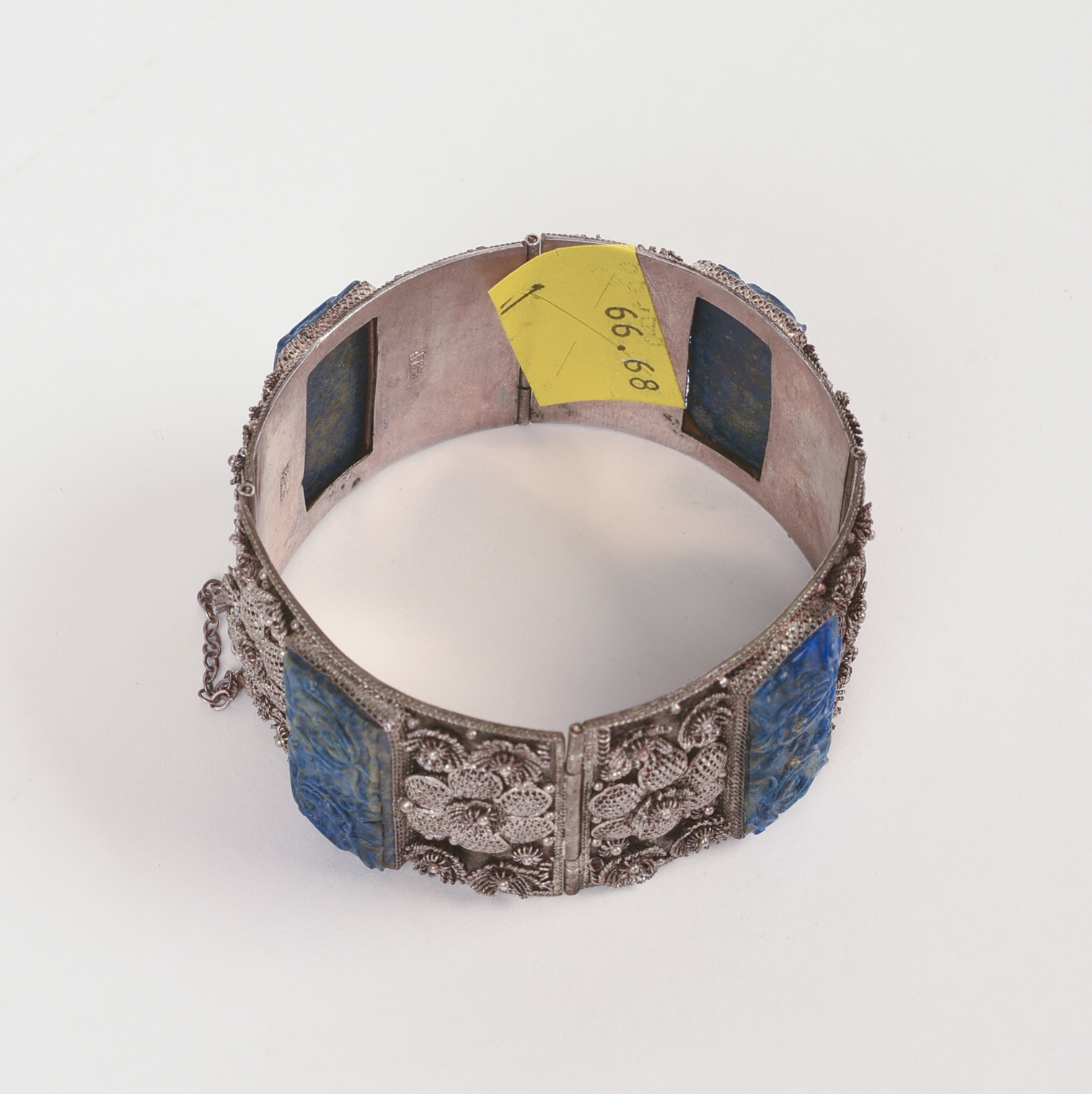 Chinese Carved Lapis or Sodalite and Silver Filigree Bracelet