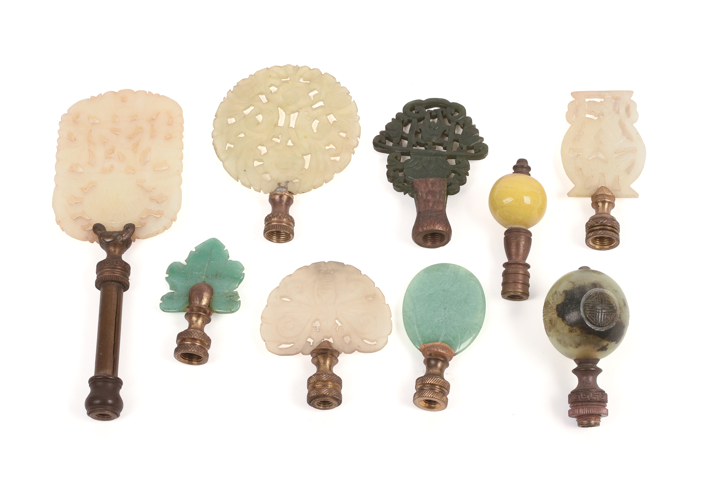 Nine Chinese Carved Jade, Stone and Glass Lamp Finials