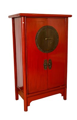 Chinese Red Lacquer Two Door Cabinet. Height 71 inches, width 40 inches, depth 22 inches.