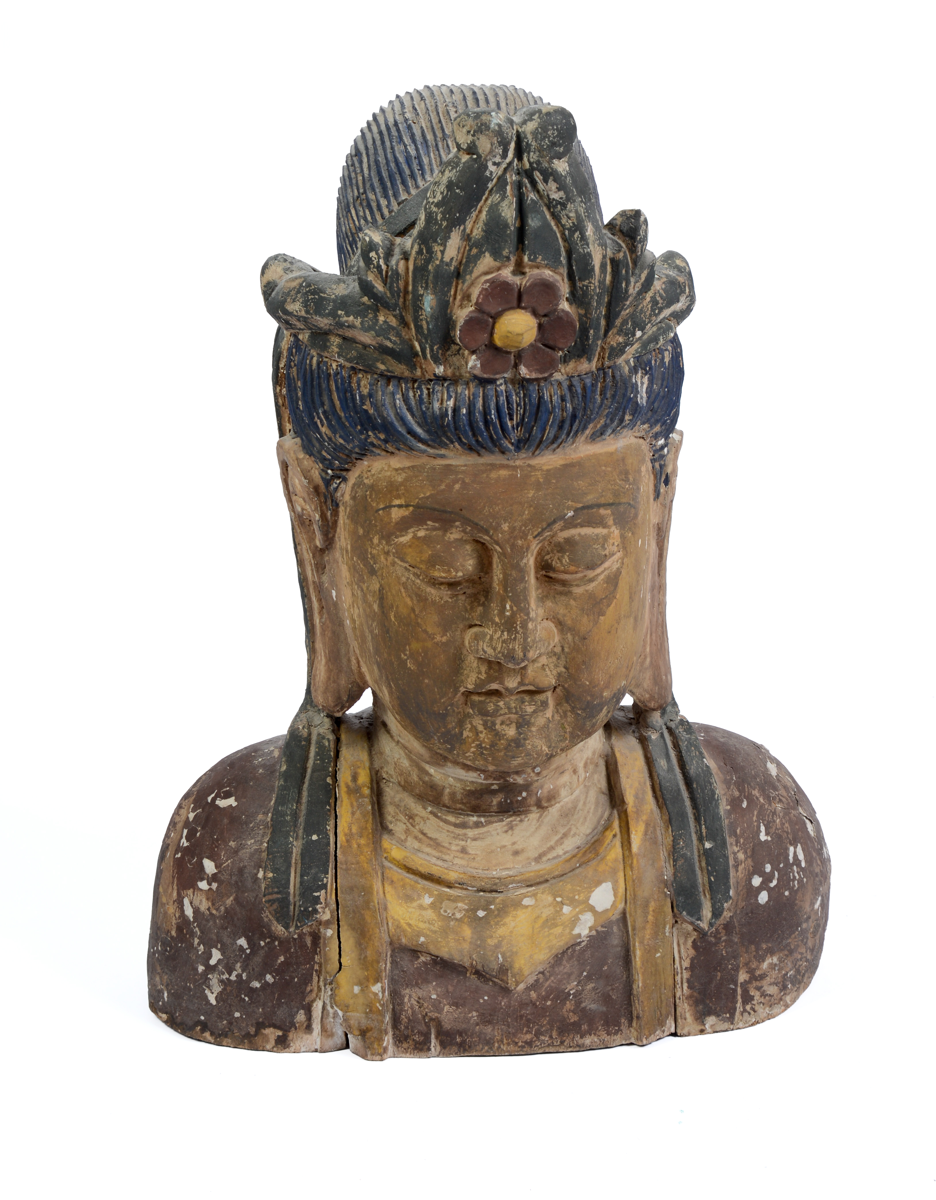 Large Carved Wooden Bust of a Bodhisattva.