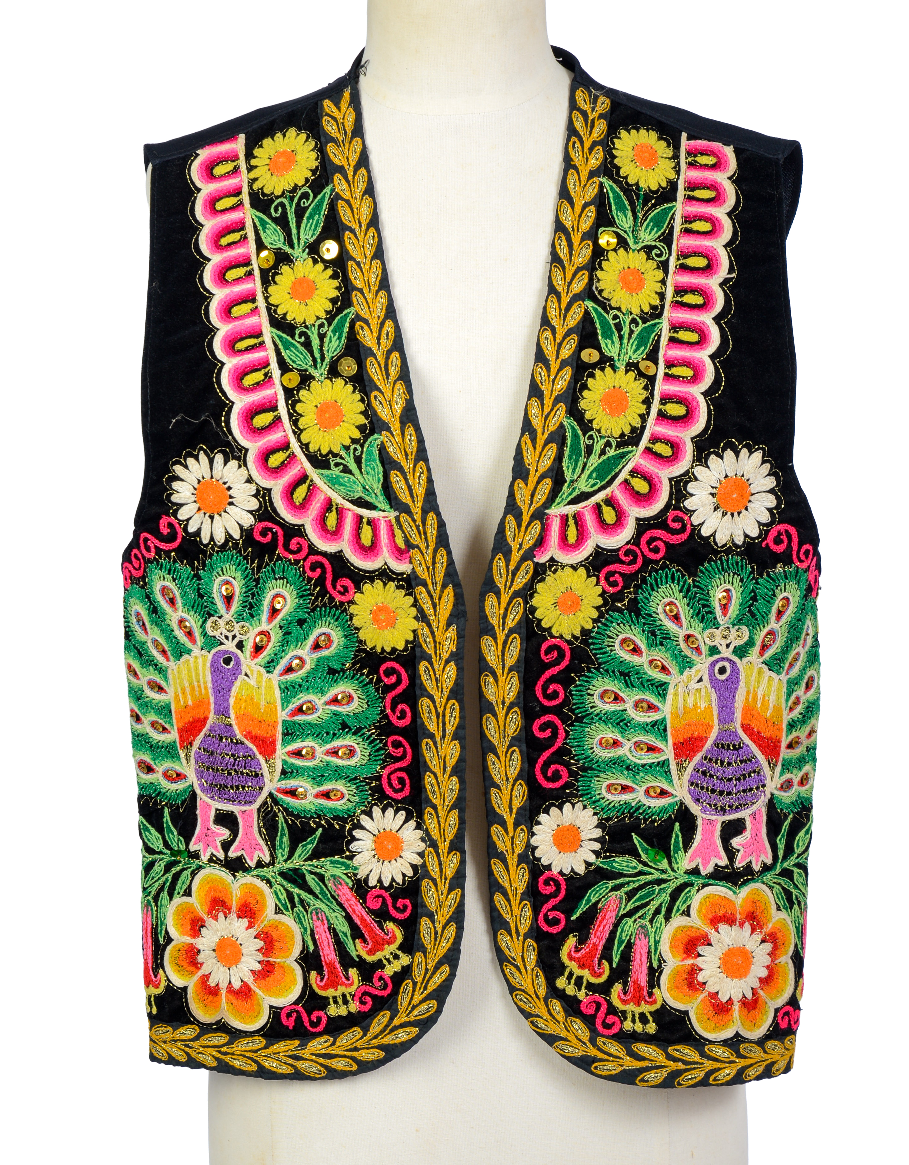Embroidered Vest With Peacocks.