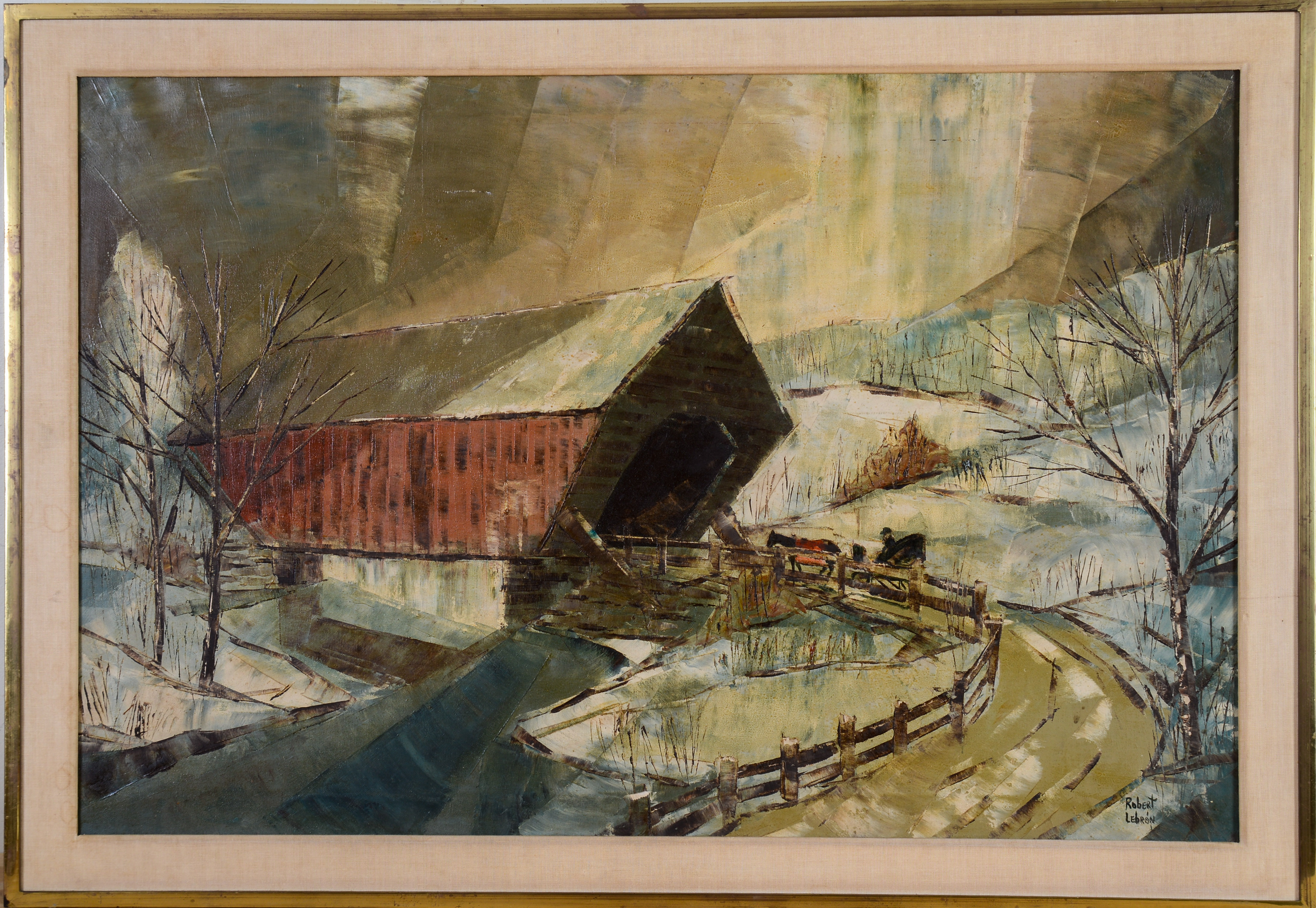 ROBERT LEBRON (1928 - 2013 NYC) LANDSCAPE WITH COVERED BRIDGE.