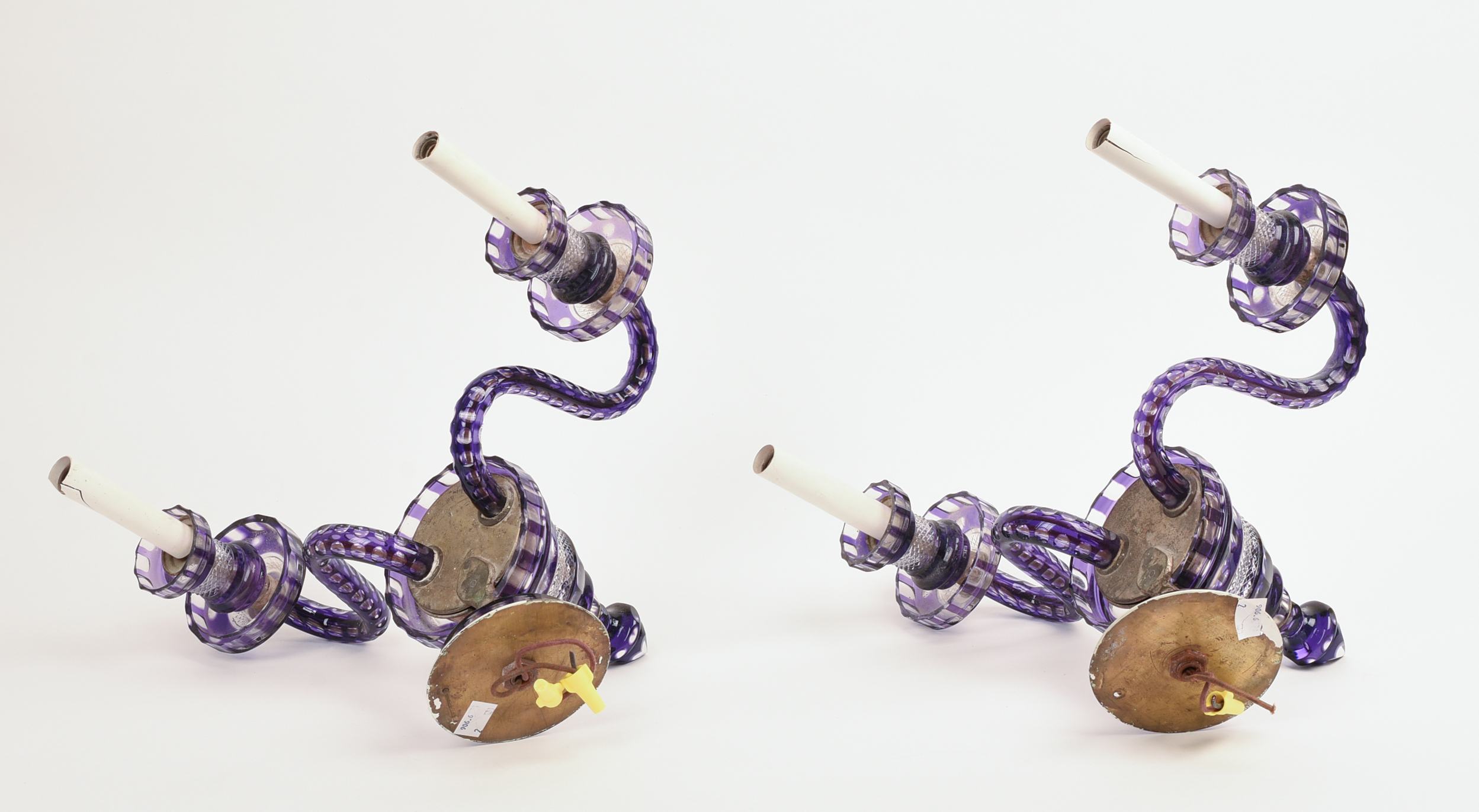 PAIR OF PURPLE MURANO GLASS WALL SCONCES.