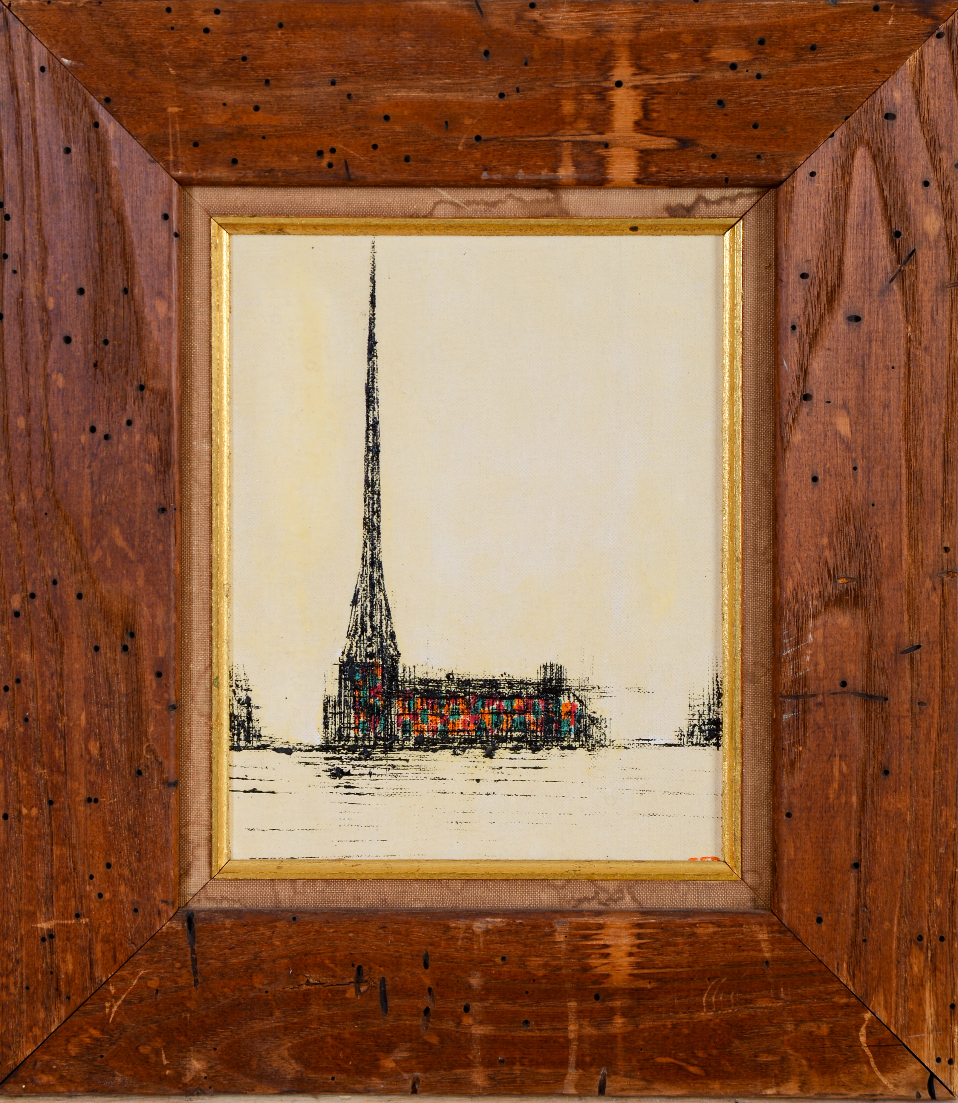 MID CENTURY MODERN PAINTING WITH CATHEDRAL.