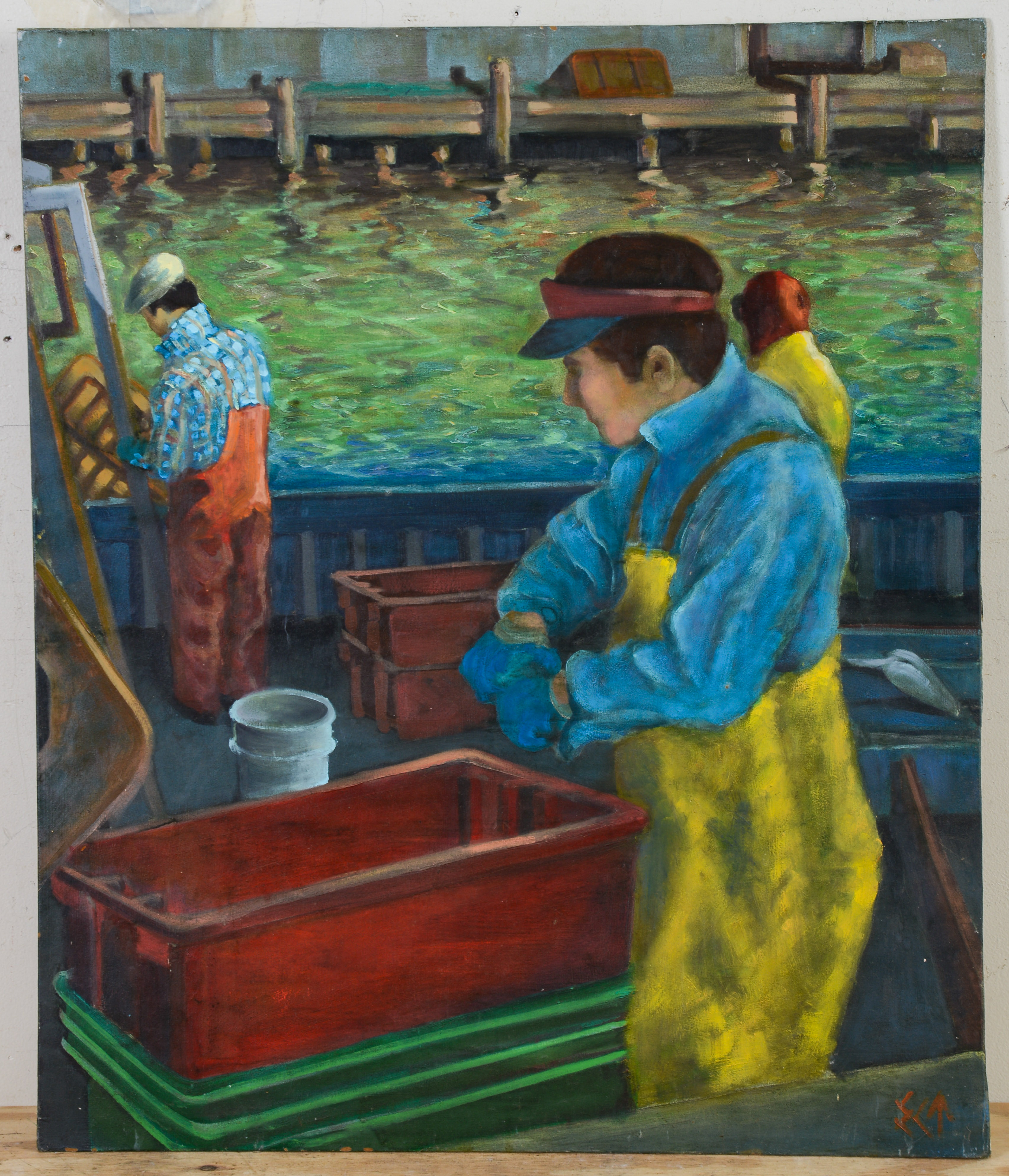 EVEKEH C. TRAYNOR III. THREE MEN SHUCKING SCALLOPS.