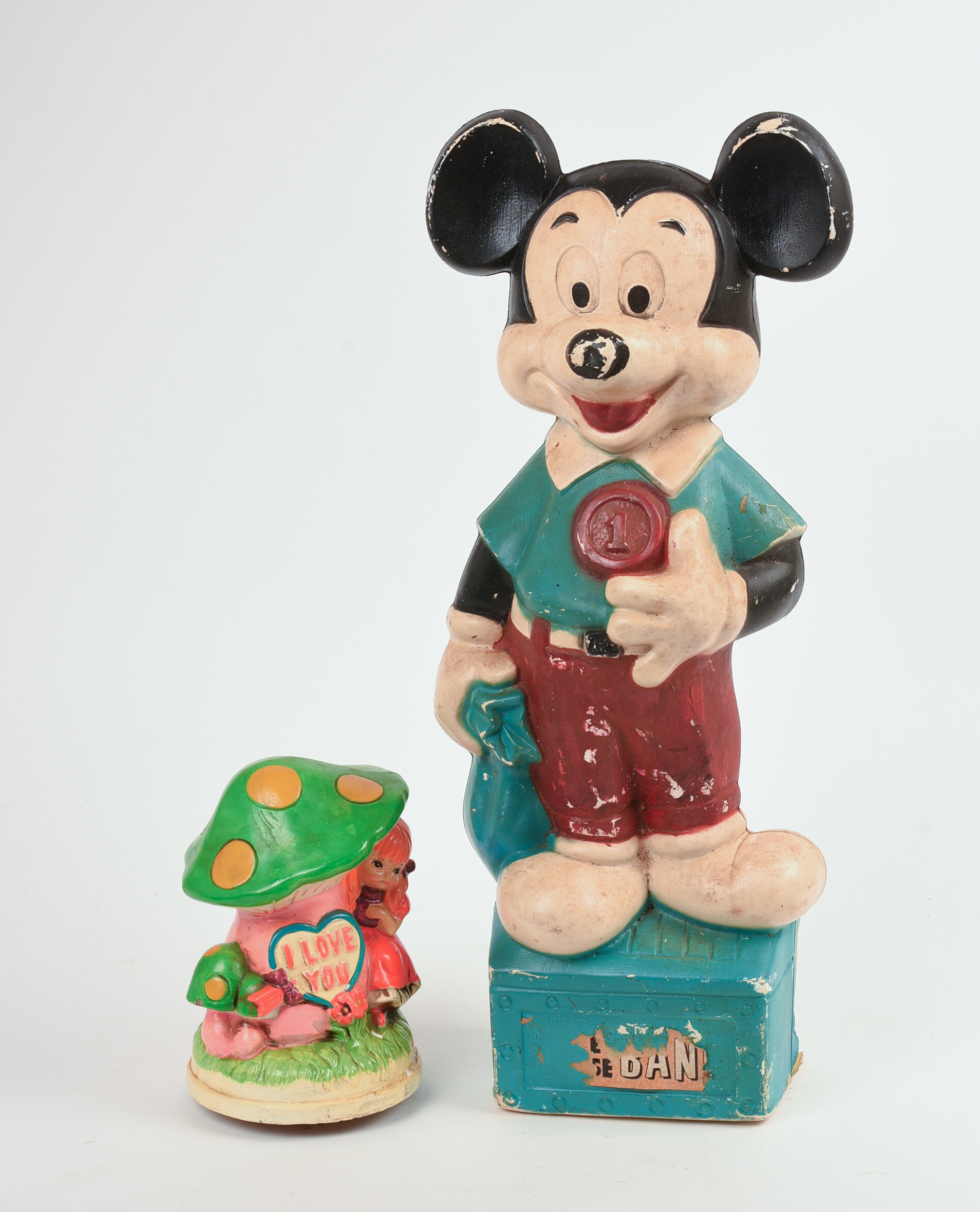 Mickey Mouse Figure and a Mushroom Music Box.