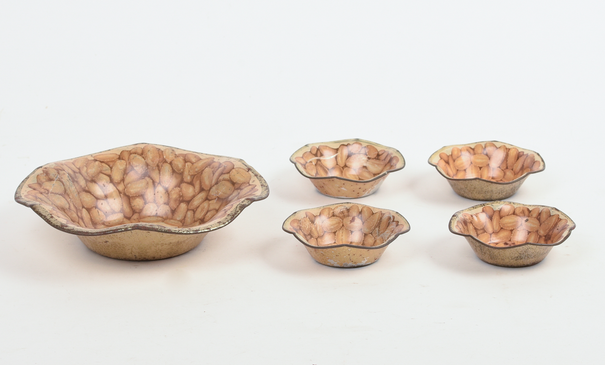 Five Mr. Peanut Tin Bowls.