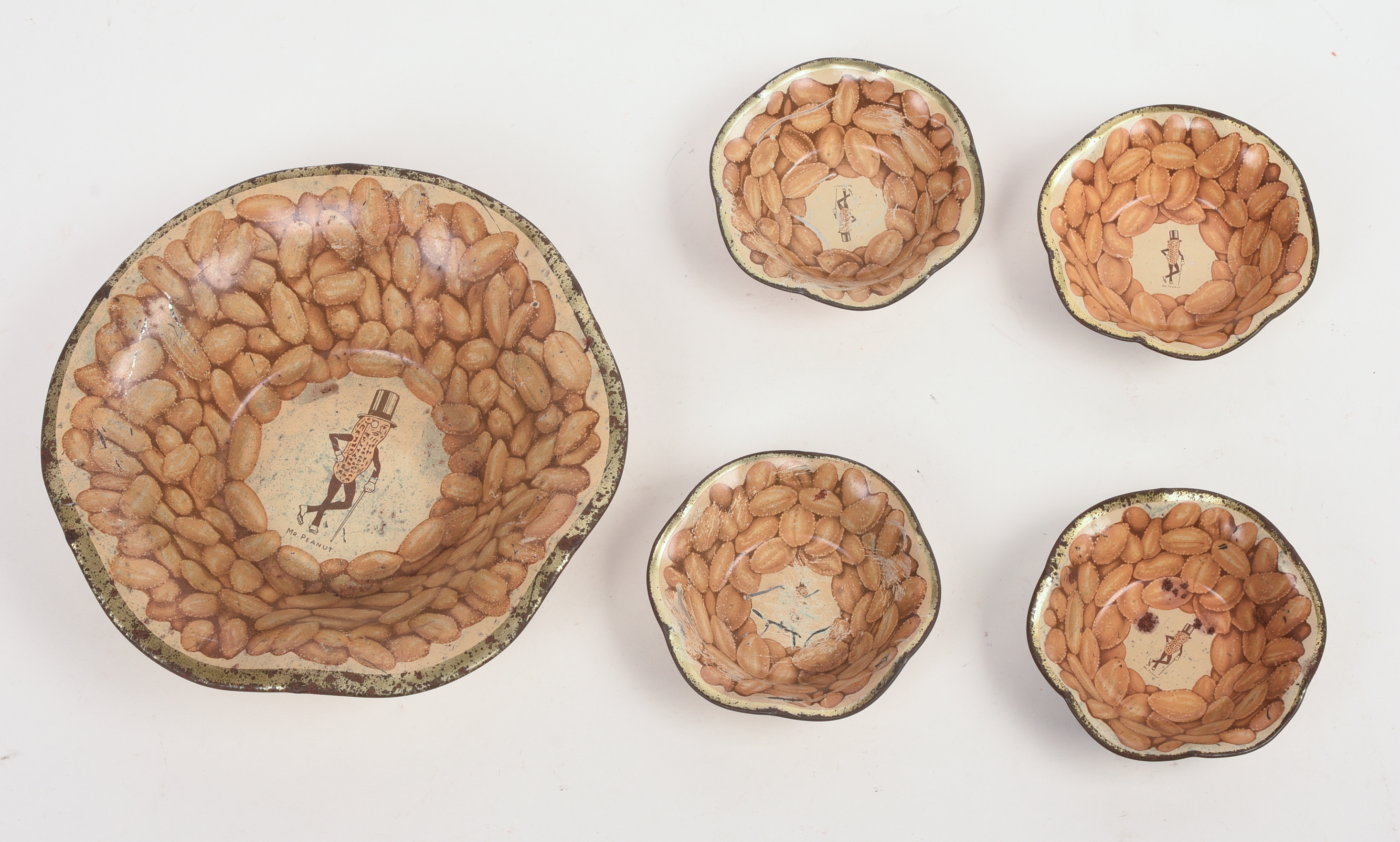 Five Mr. Peanut Tin Bowls.