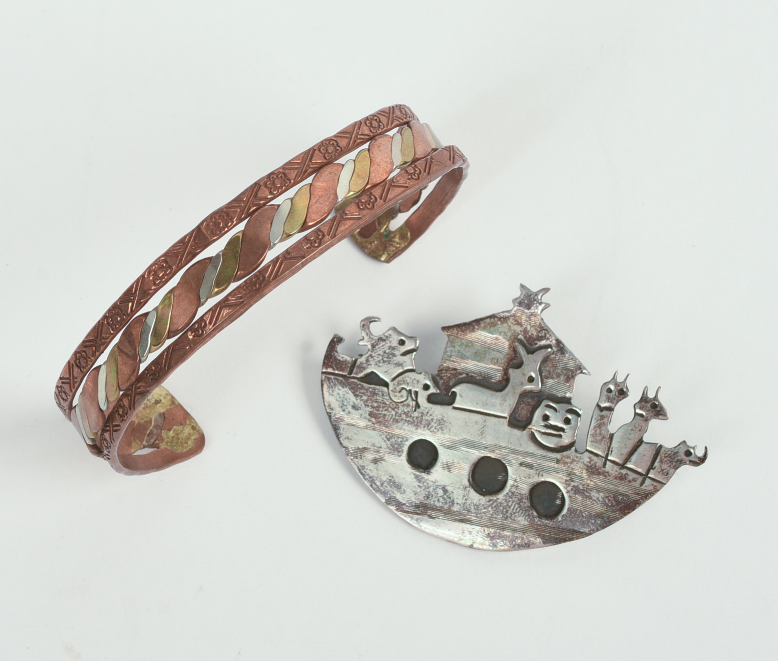 Mexican Sterling Noahs Arch Brooch and a Mixed Metal Bracelet.