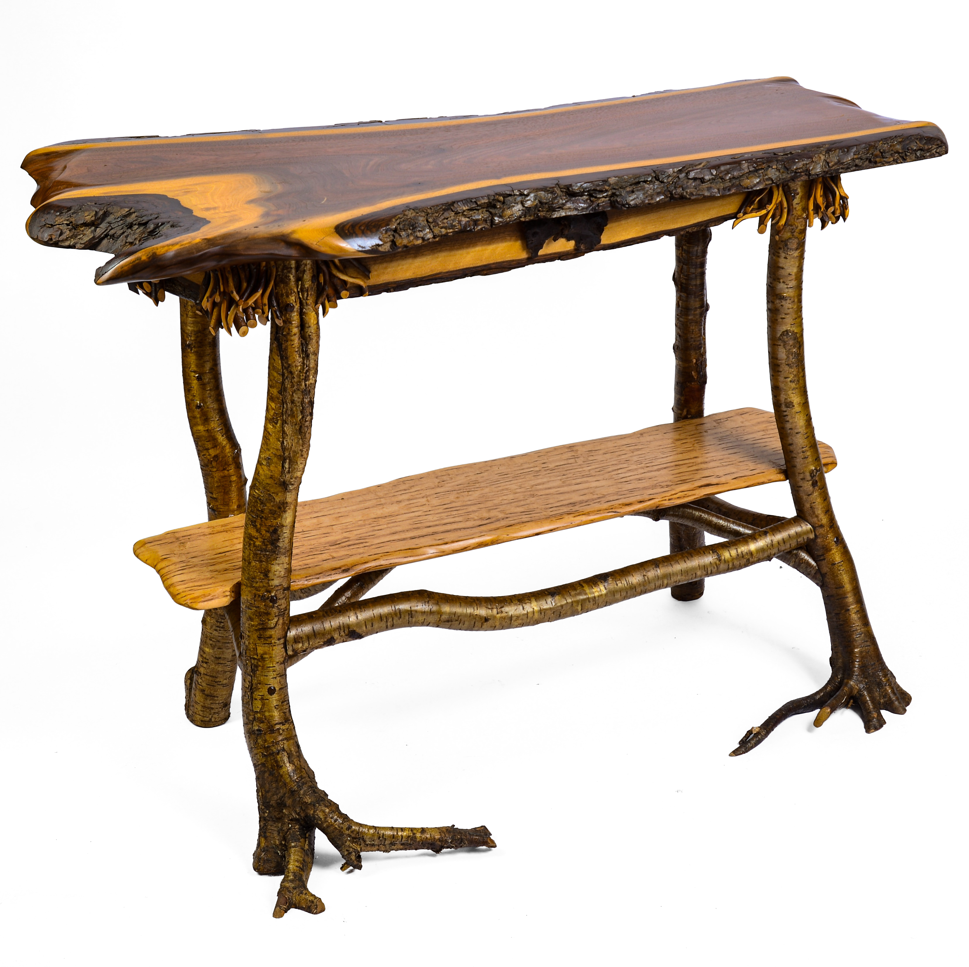 ADIRONDACK HALL TABLE WITH LIVE EDGE TOP.