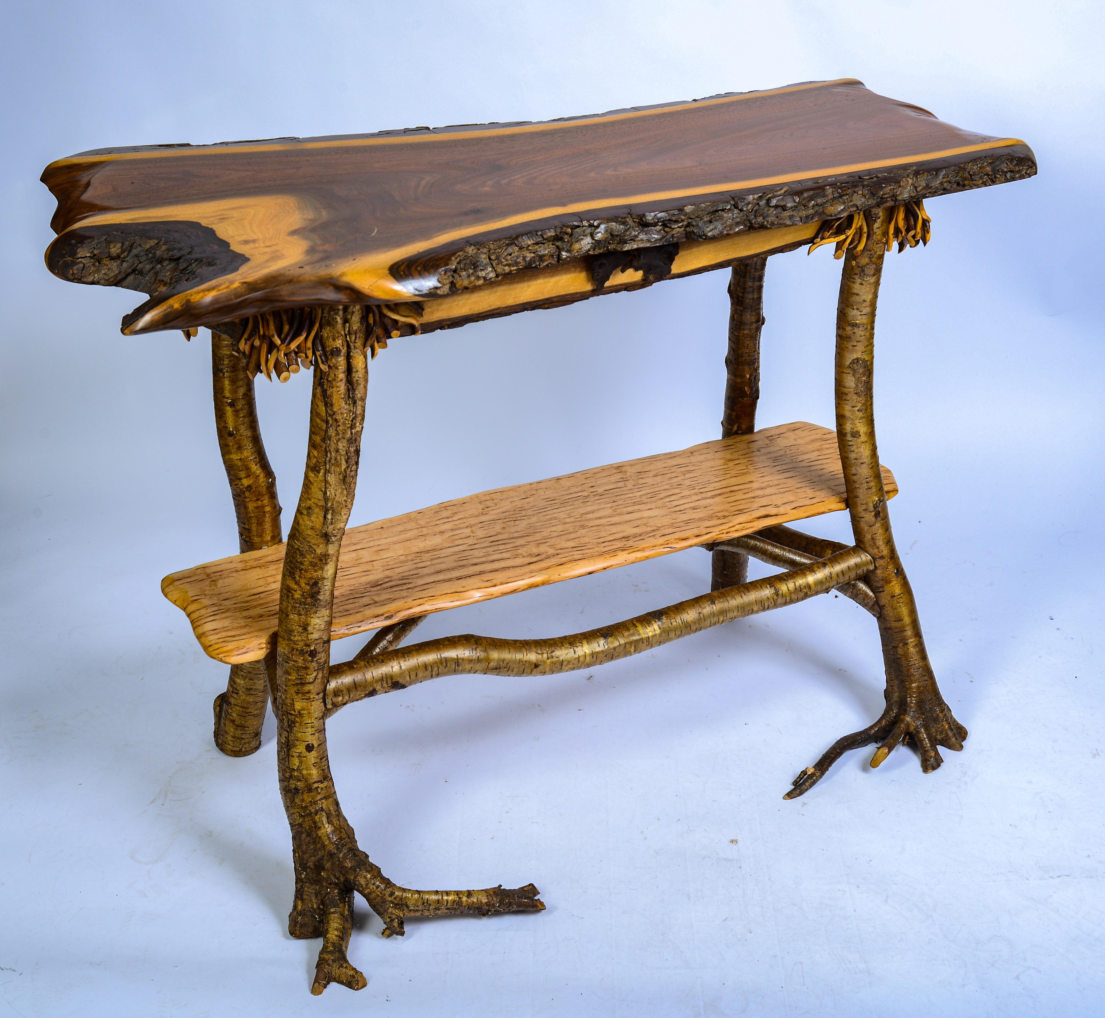 ADIRONDACK HALL TABLE WITH LIVE EDGE TOP.