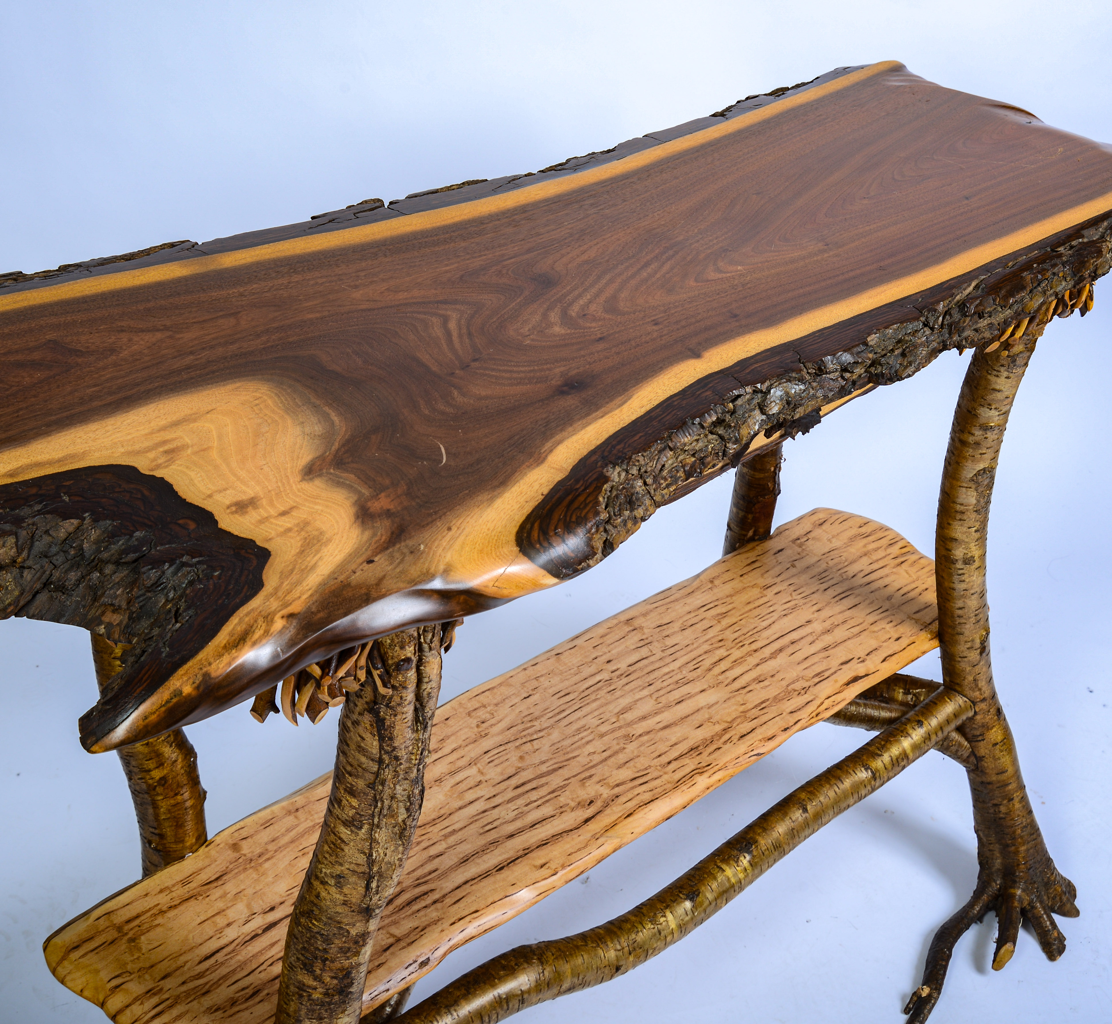 ADIRONDACK HALL TABLE WITH LIVE EDGE TOP.