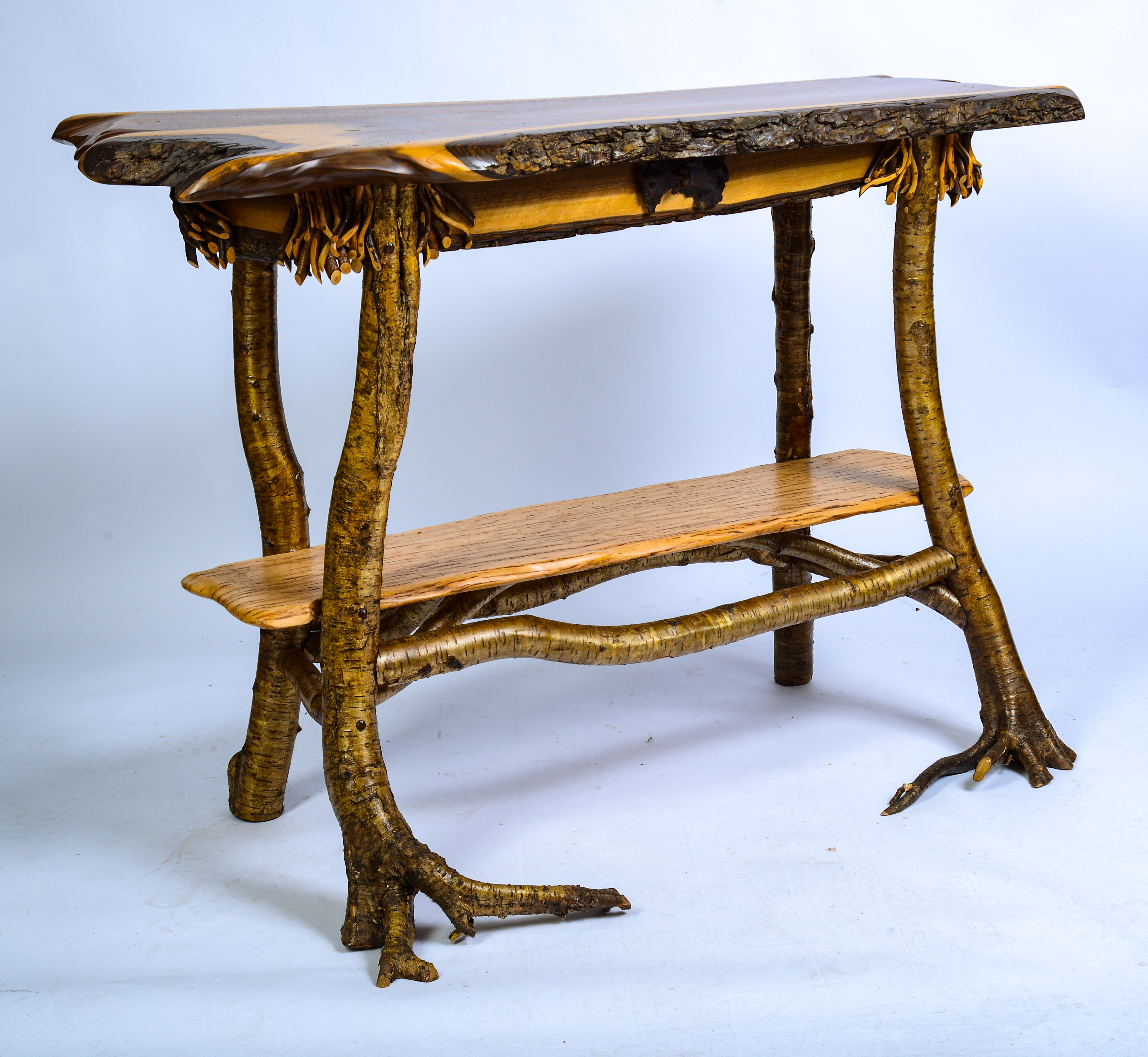 ADIRONDACK HALL TABLE WITH LIVE EDGE TOP.