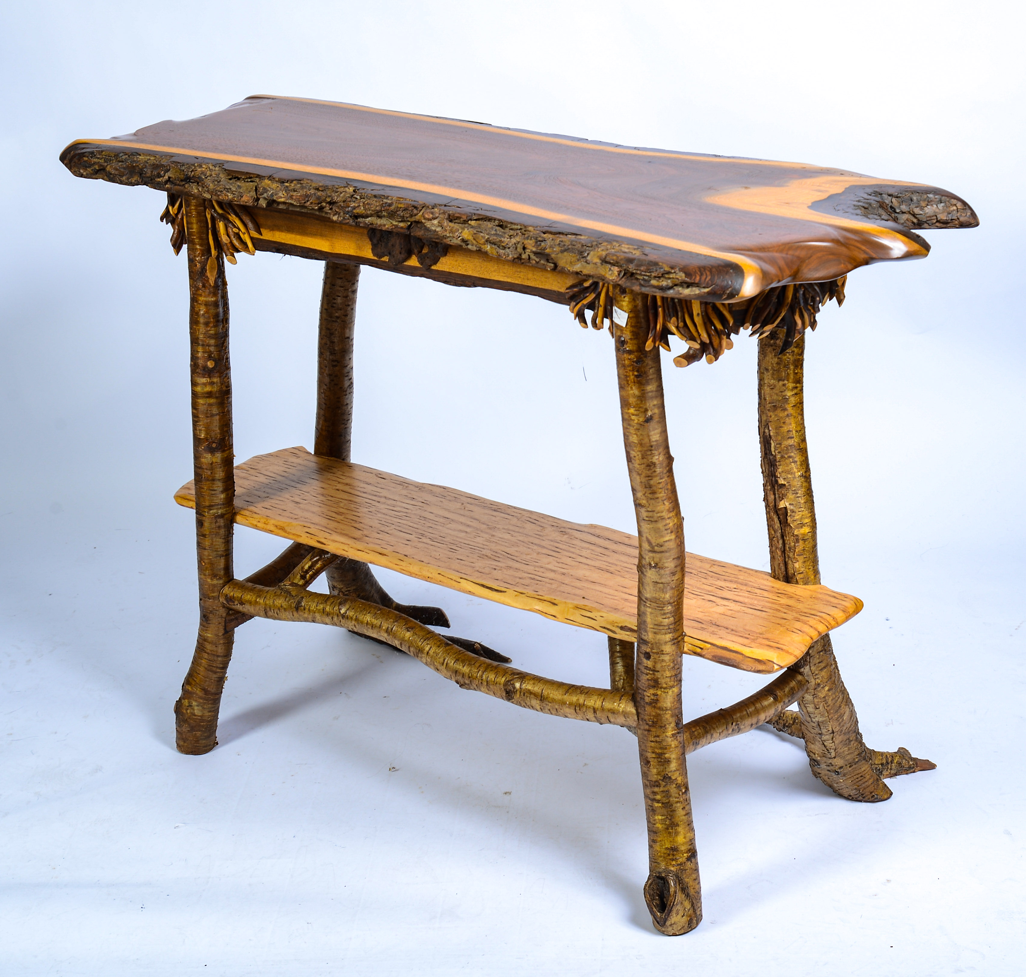 ADIRONDACK HALL TABLE WITH LIVE EDGE TOP.