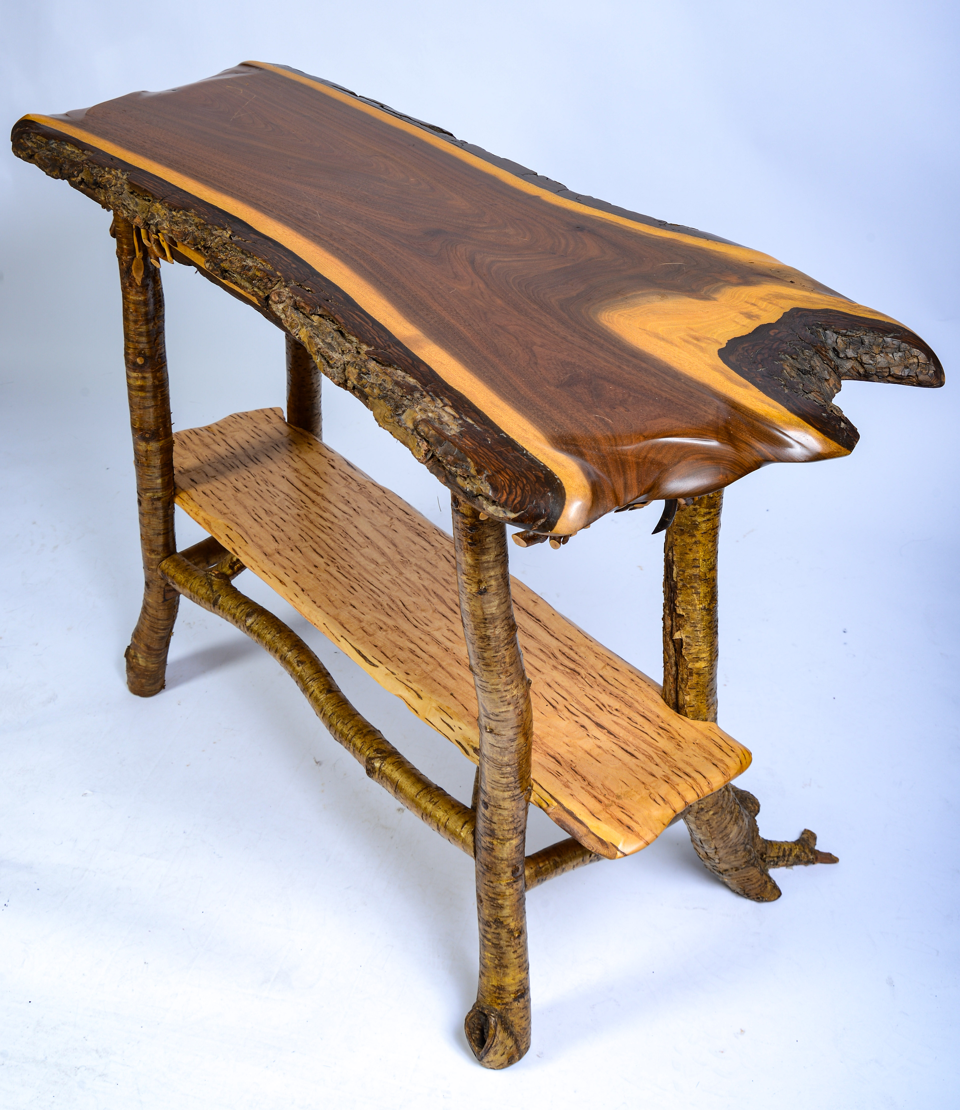 ADIRONDACK HALL TABLE WITH LIVE EDGE TOP.