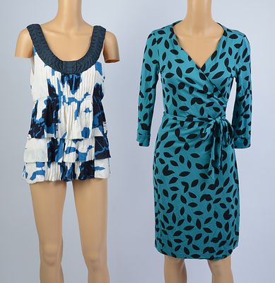 DIANE VON FURSTENBERG DRESS, 8, AND A TORY BURCH TOP, 10. The top new with tags, both in good 