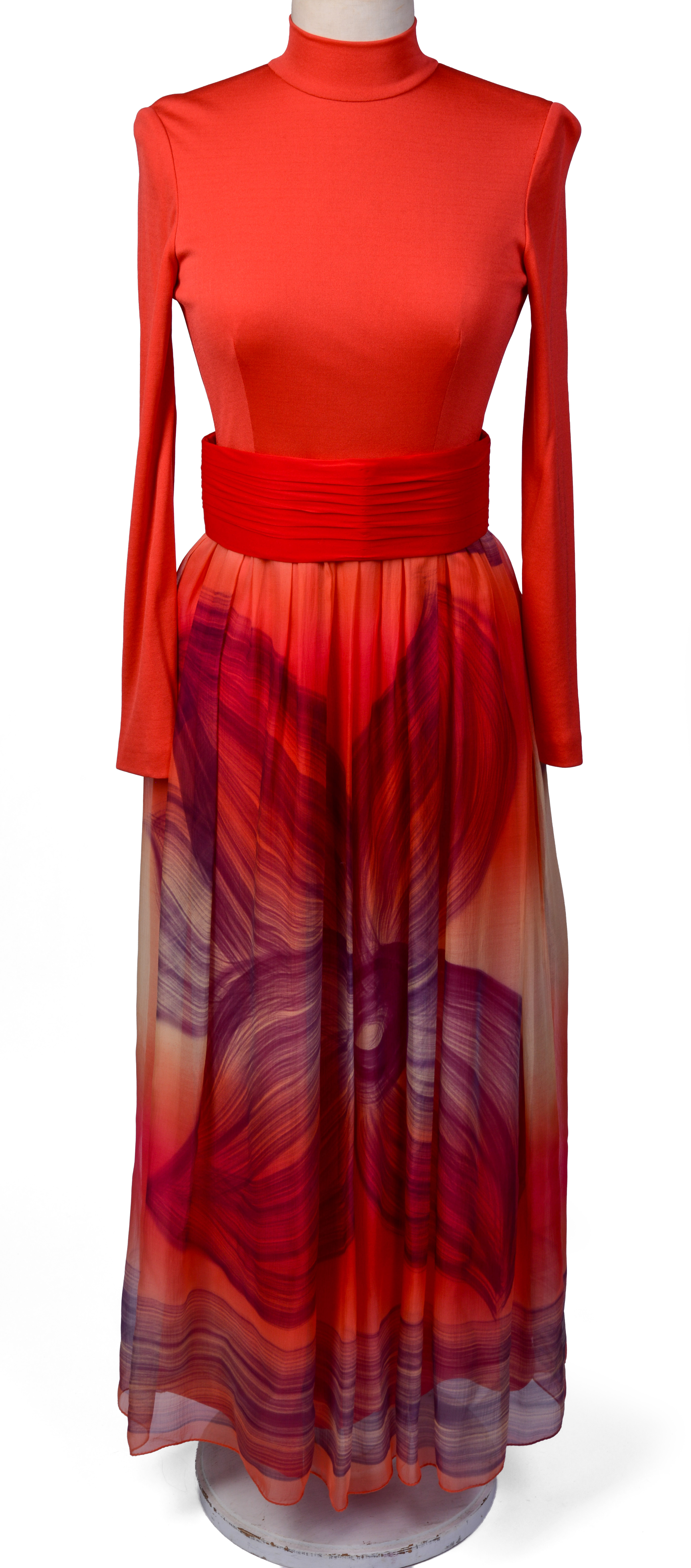 HAND PAINTED RED TIERED CHIFFON DRESS.