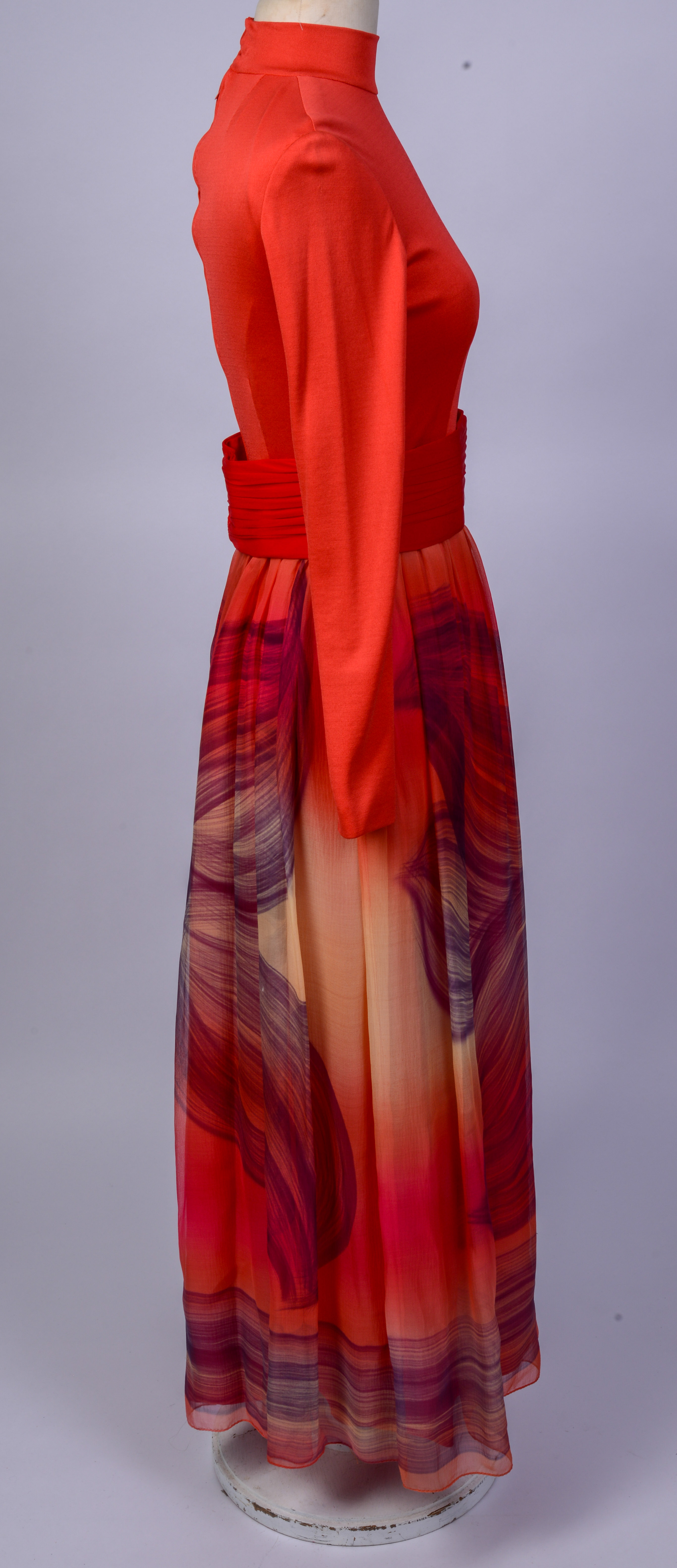 HAND PAINTED RED TIERED CHIFFON DRESS.