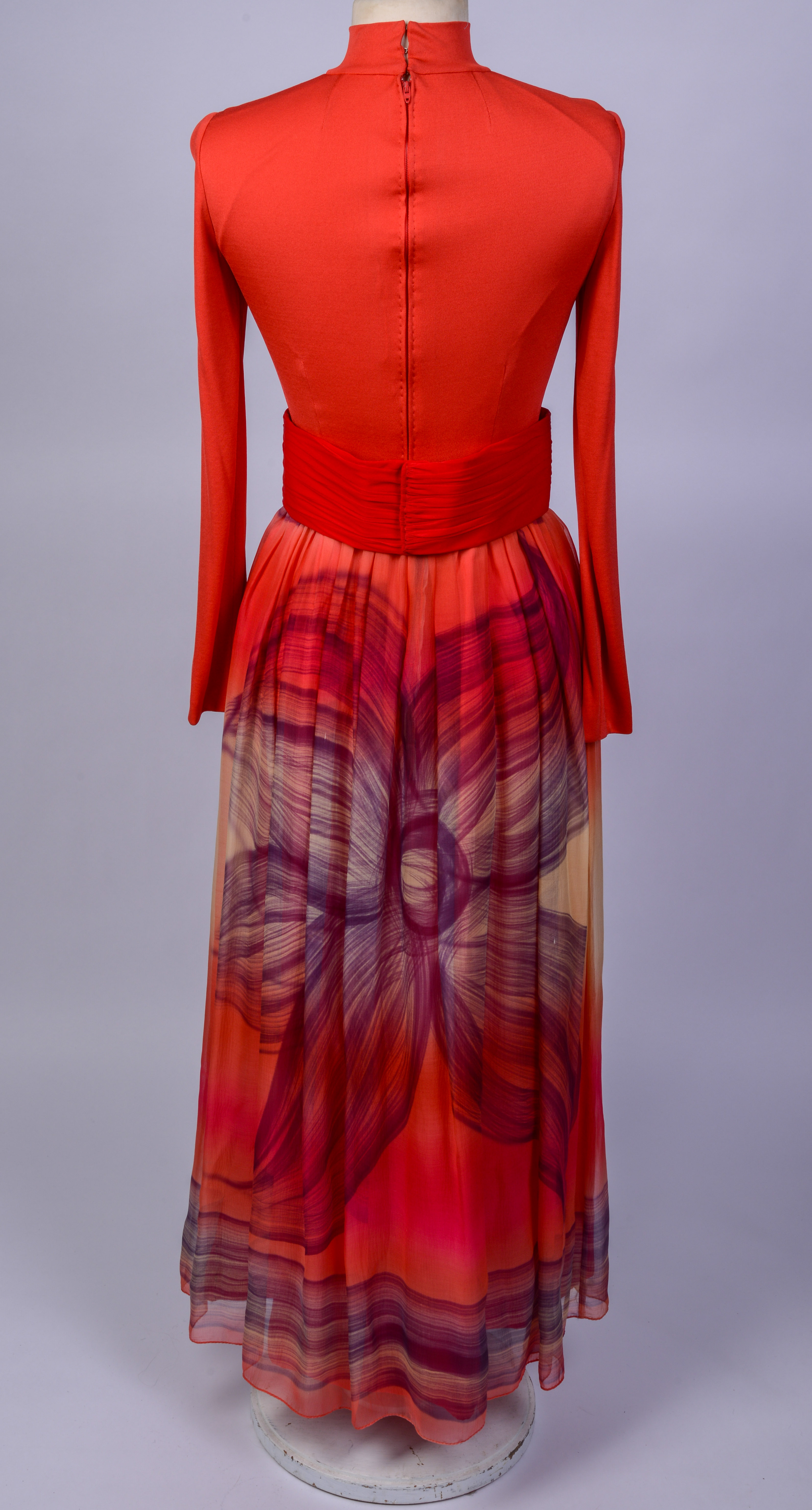 HAND PAINTED RED TIERED CHIFFON DRESS.