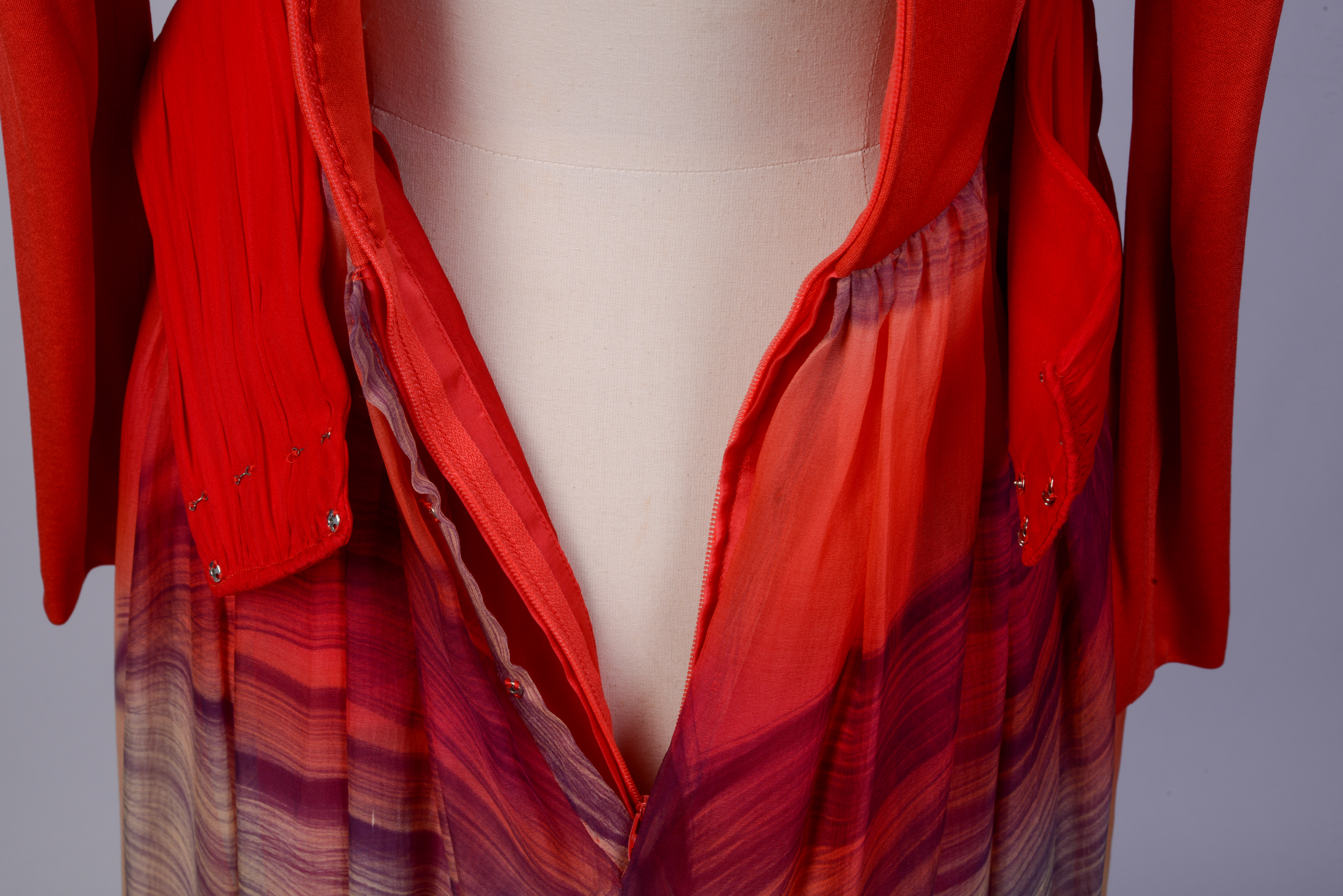 HAND PAINTED RED TIERED CHIFFON DRESS.