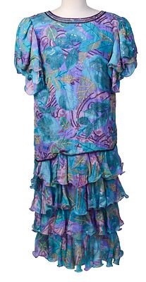 SAKS FIFTH AVENUE TIERED CHIFFON DRESS. Width across shoulders 15 inches, length 44 inches.