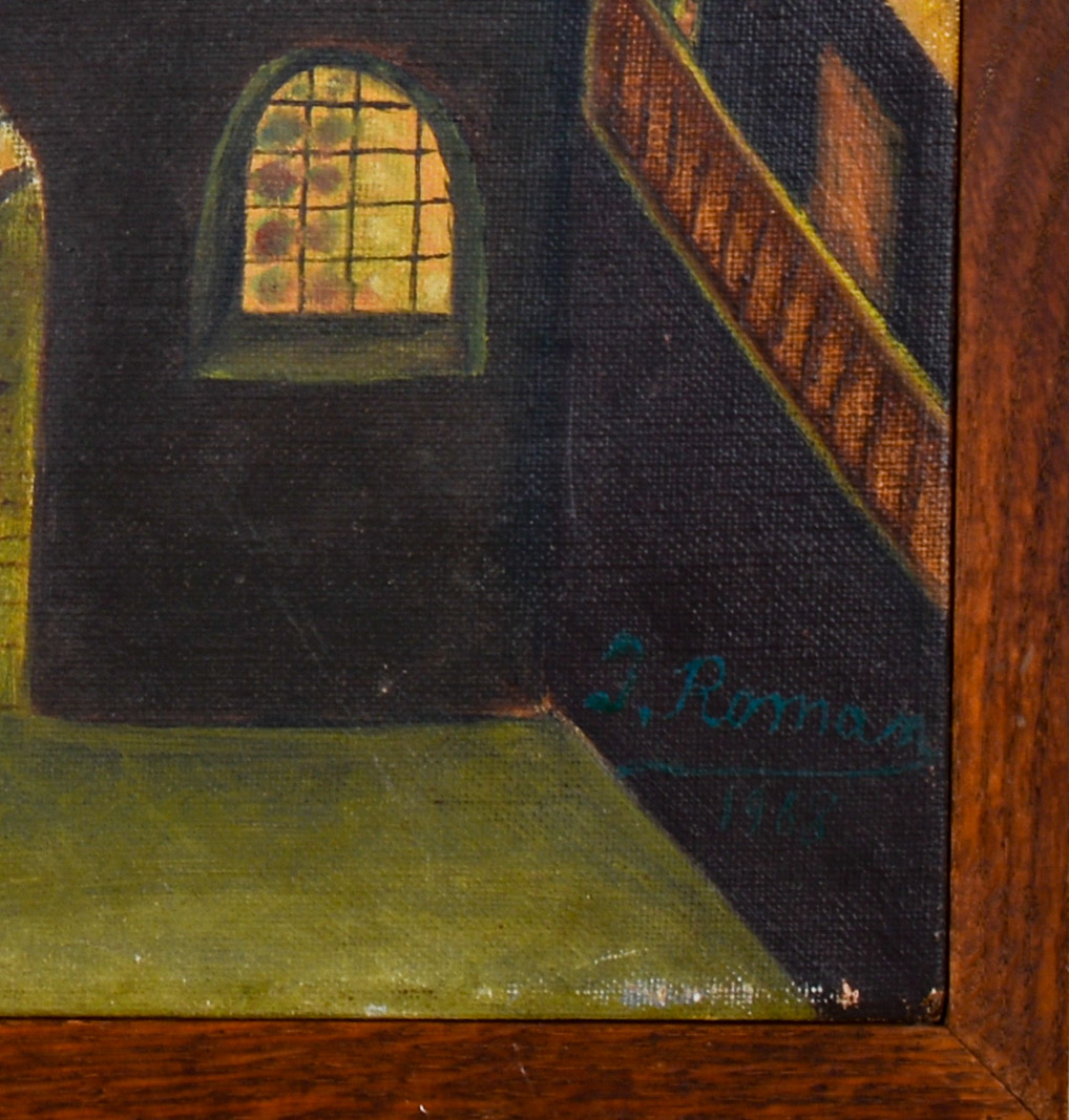 OUTSIDER ART PAINTING OF THREE MEN ON A ROOFTOP.