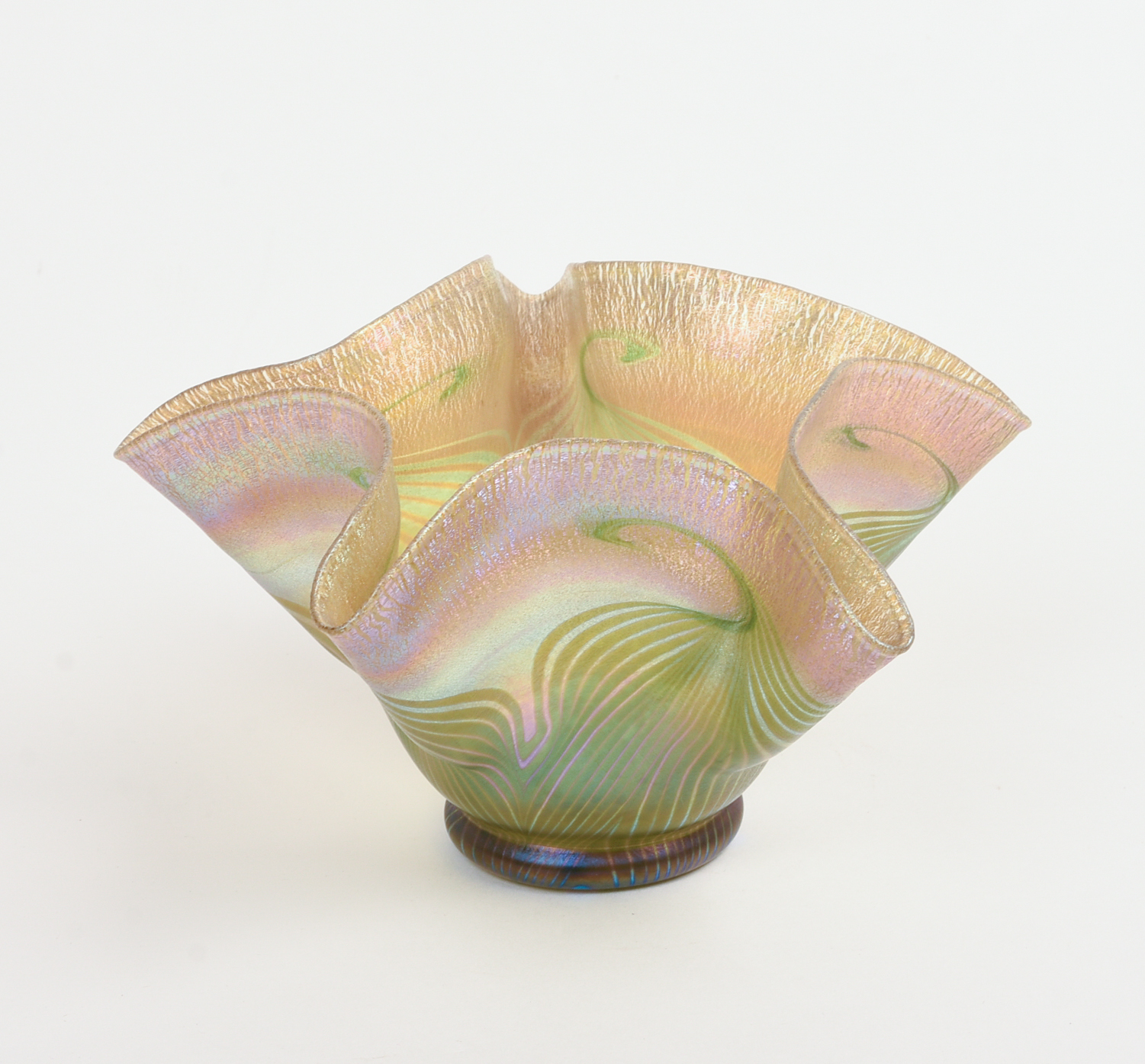 TIFFANY FAVRILE GLASS HANDKERCHIEF VASE.