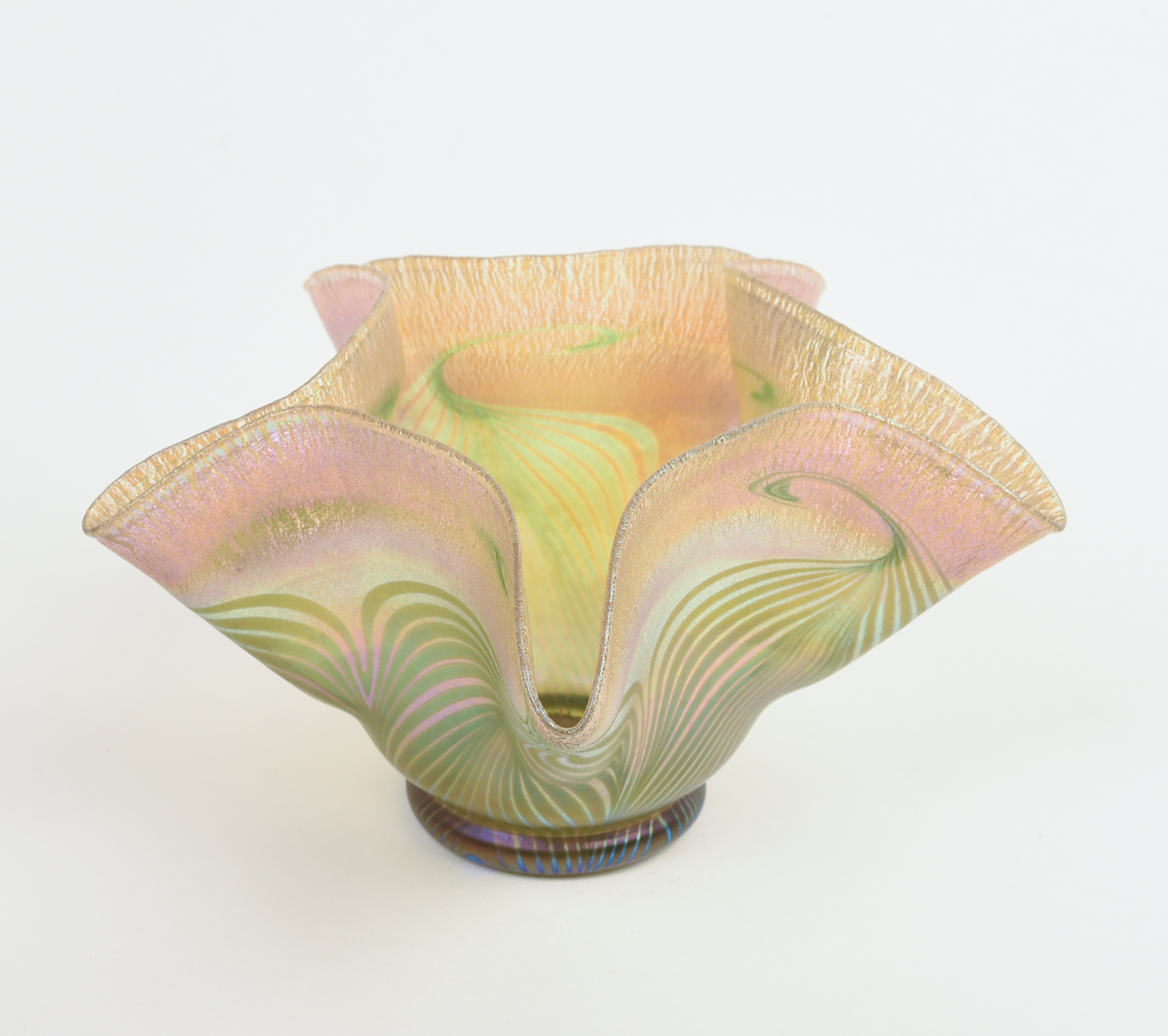TIFFANY FAVRILE GLASS HANDKERCHIEF VASE.