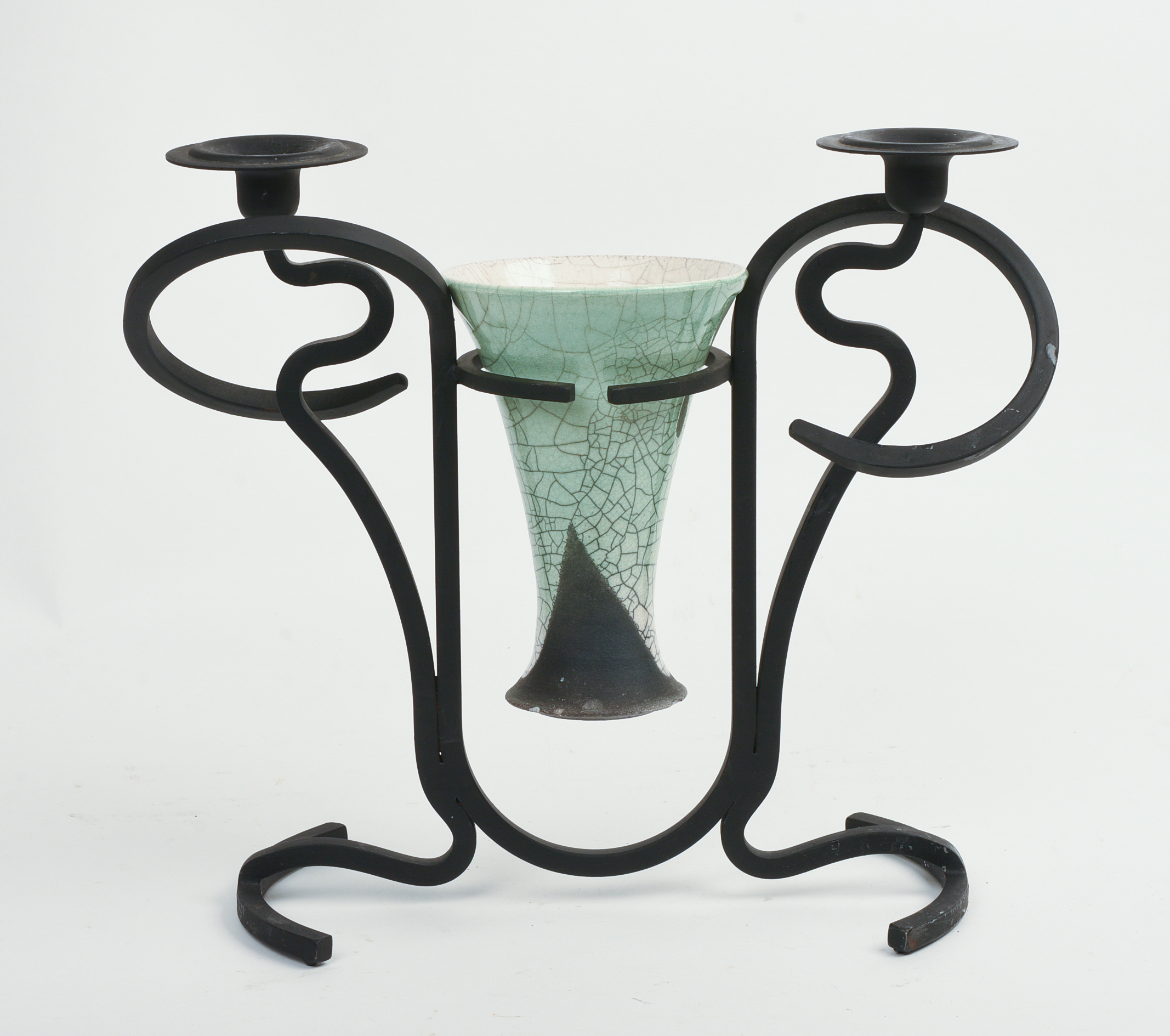 STUDIO POTTERY VASE WITH WROUGHT IRON CANDLESTICKS.