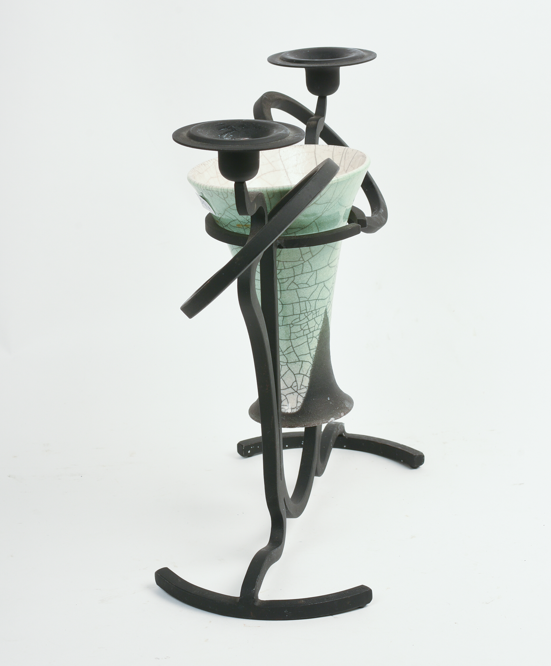 STUDIO POTTERY VASE WITH WROUGHT IRON CANDLESTICKS.
