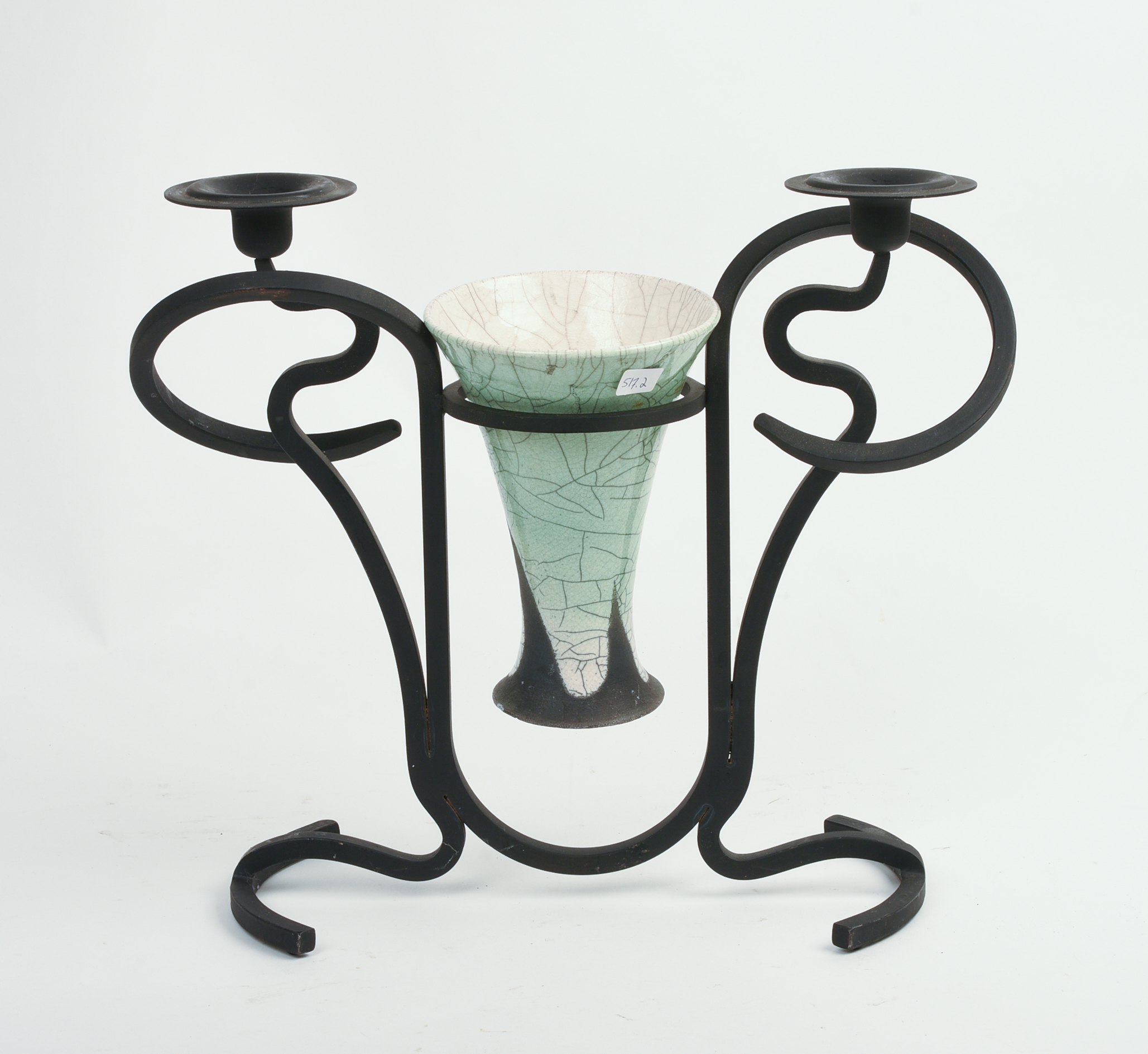 STUDIO POTTERY VASE WITH WROUGHT IRON CANDLESTICKS.