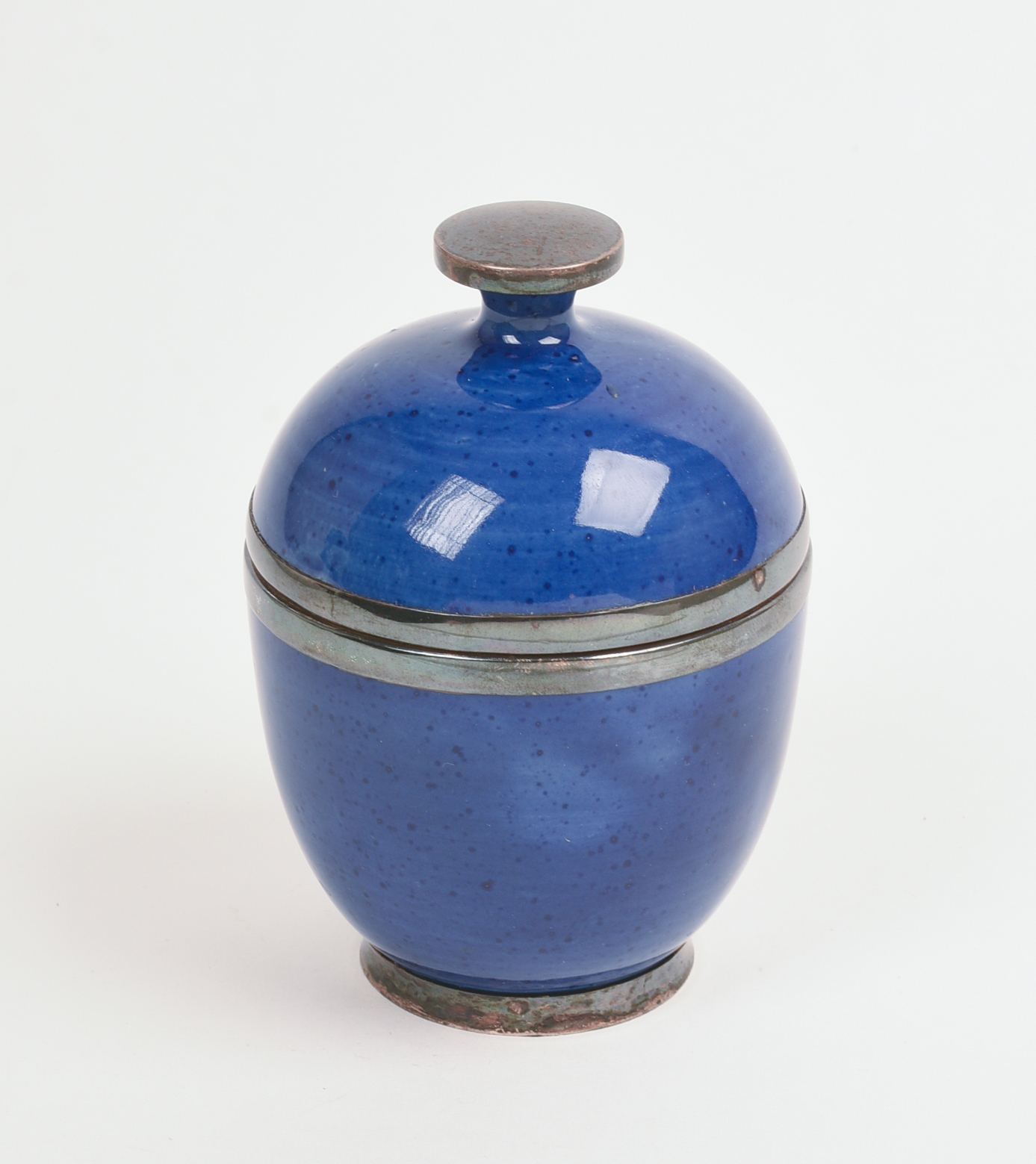 STERLING AND CERAMIC LIDDED JAR.