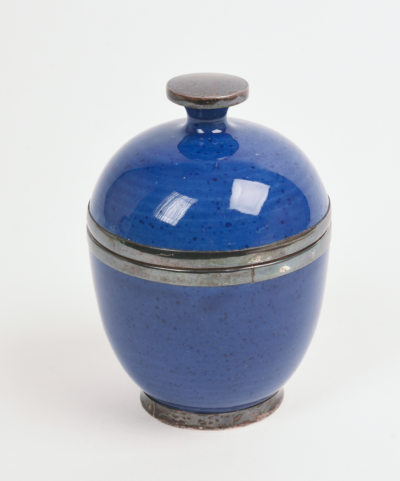 STERLING AND CERAMIC LIDDED JAR.