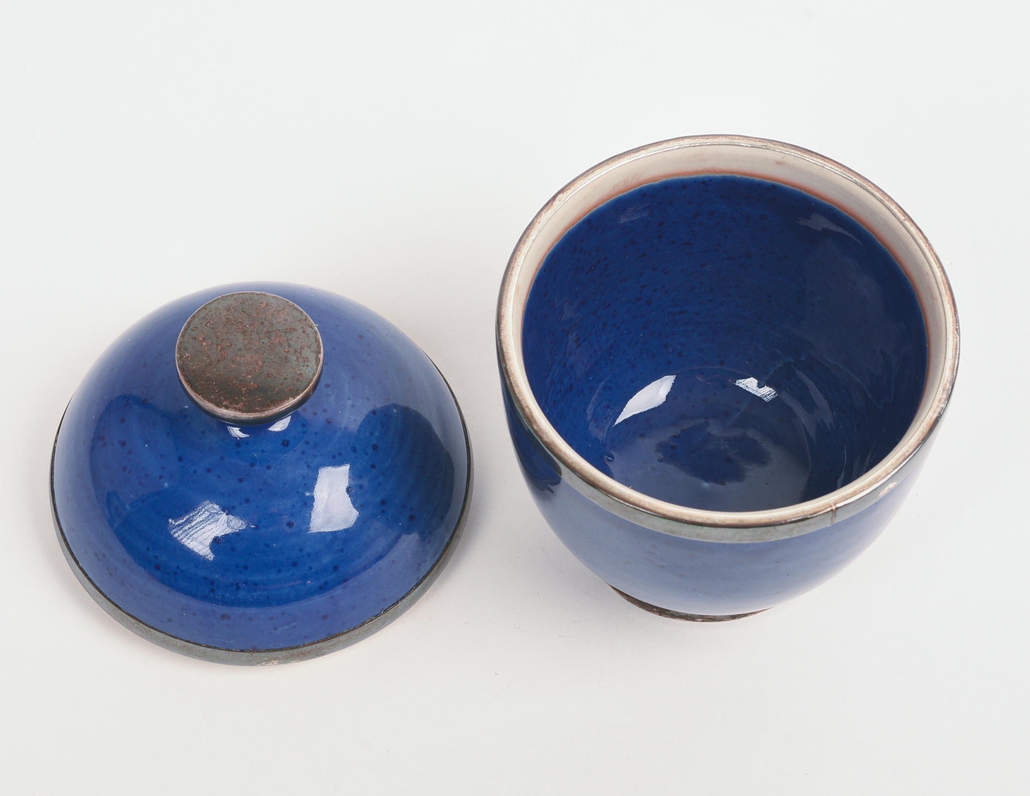 STERLING AND CERAMIC LIDDED JAR.