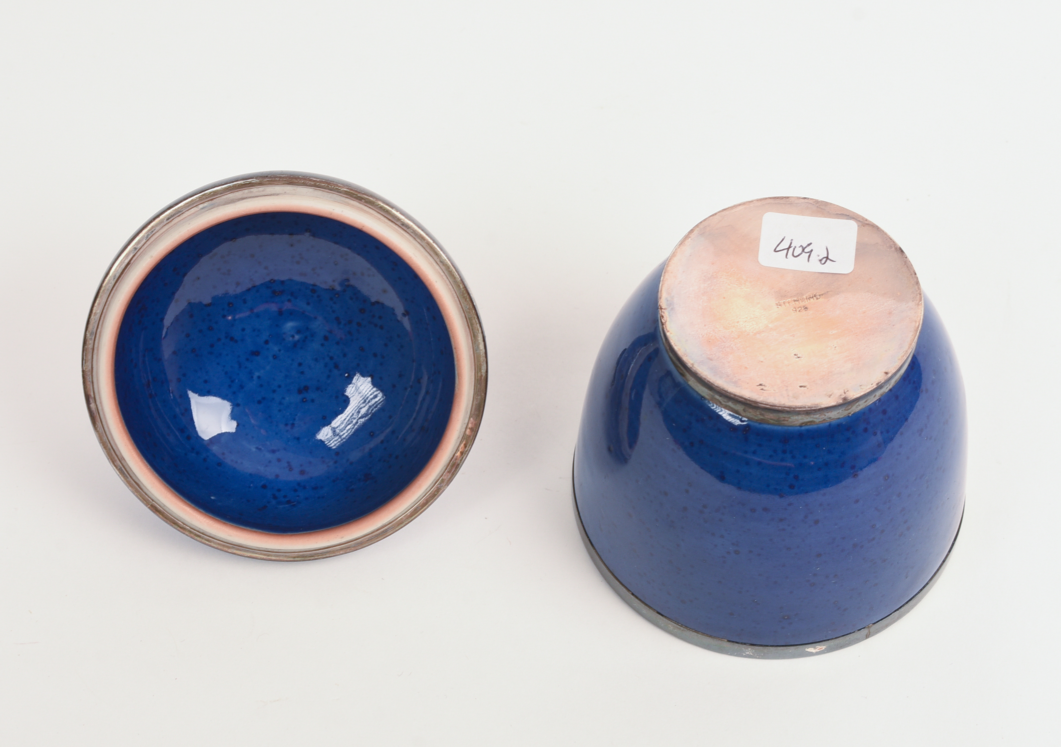 STERLING AND CERAMIC LIDDED JAR.